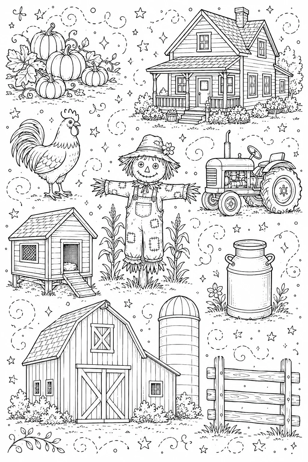 Printable Farm Life and Harvest rustic chicken coop and country cornfield doodle coloring page sheet