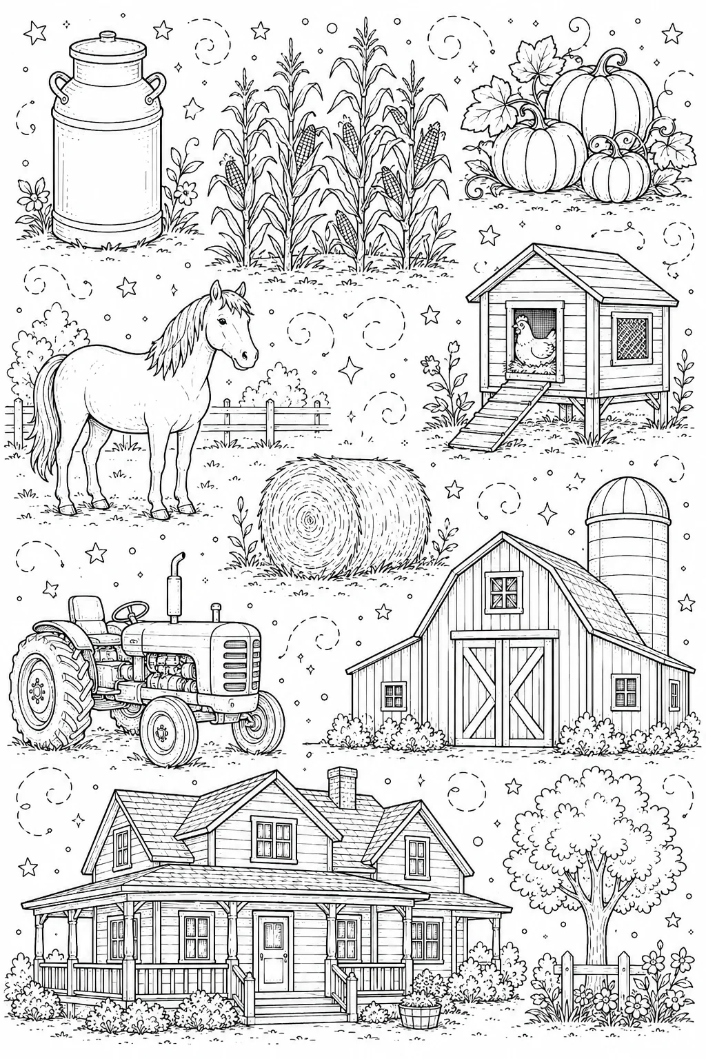 Printable Farm Life and Harvest grazing farm horse and windmill doodle coloring page sheet
