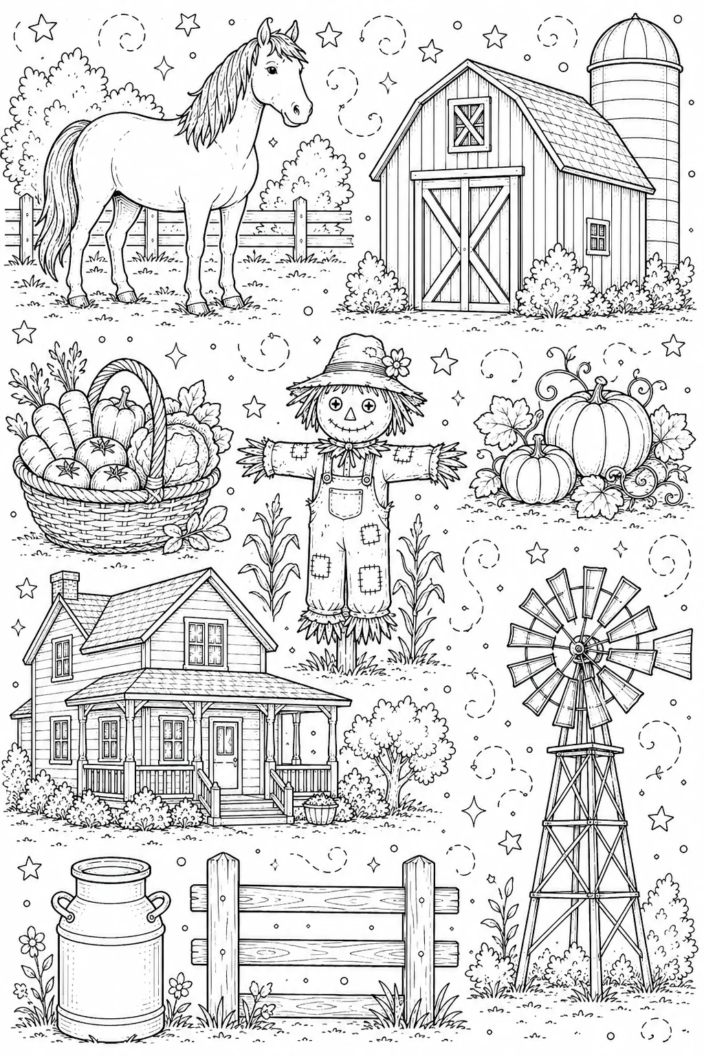 Printable Farm Life and Harvest harvest pumpkin basket and scarecrow doodle coloring page sheet