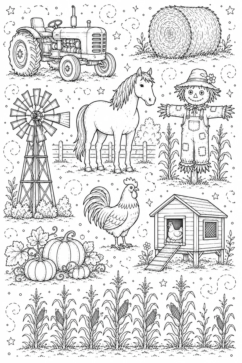 Printable Farm Life and Harvest traditional farm windmill and tractor doodle coloring page sheet