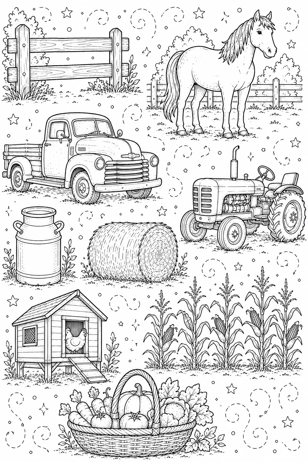 Printable Farm Life and Harvest vintage farm truck and wooden fence doodle coloring page sheet