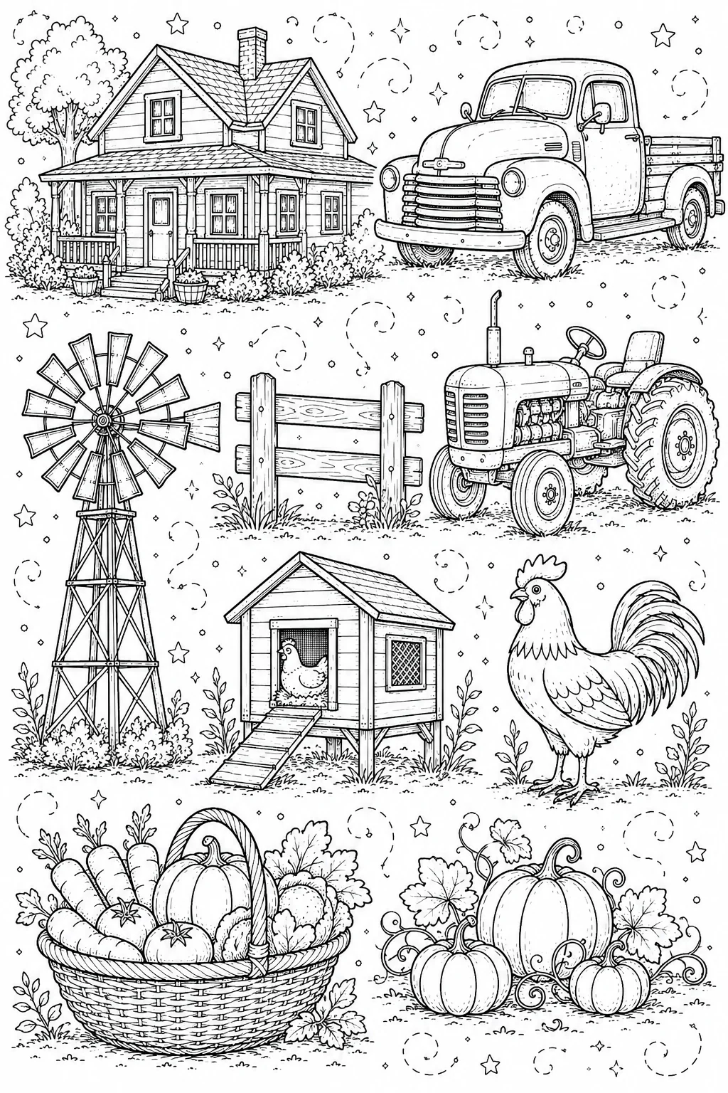 Printable Farm Life and Harvest country homestead and corn stalks doodle coloring page sheet