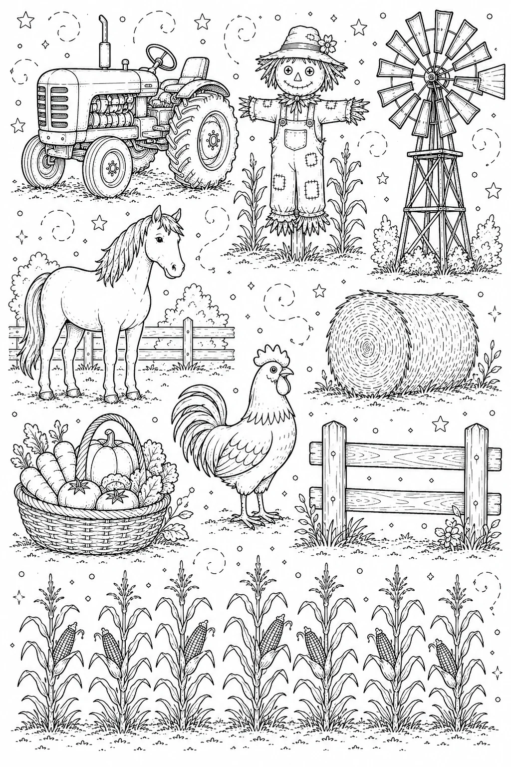 Printable Farm Life and Harvest farmyard horse and friendly scarecrow doodle coloring page sheet