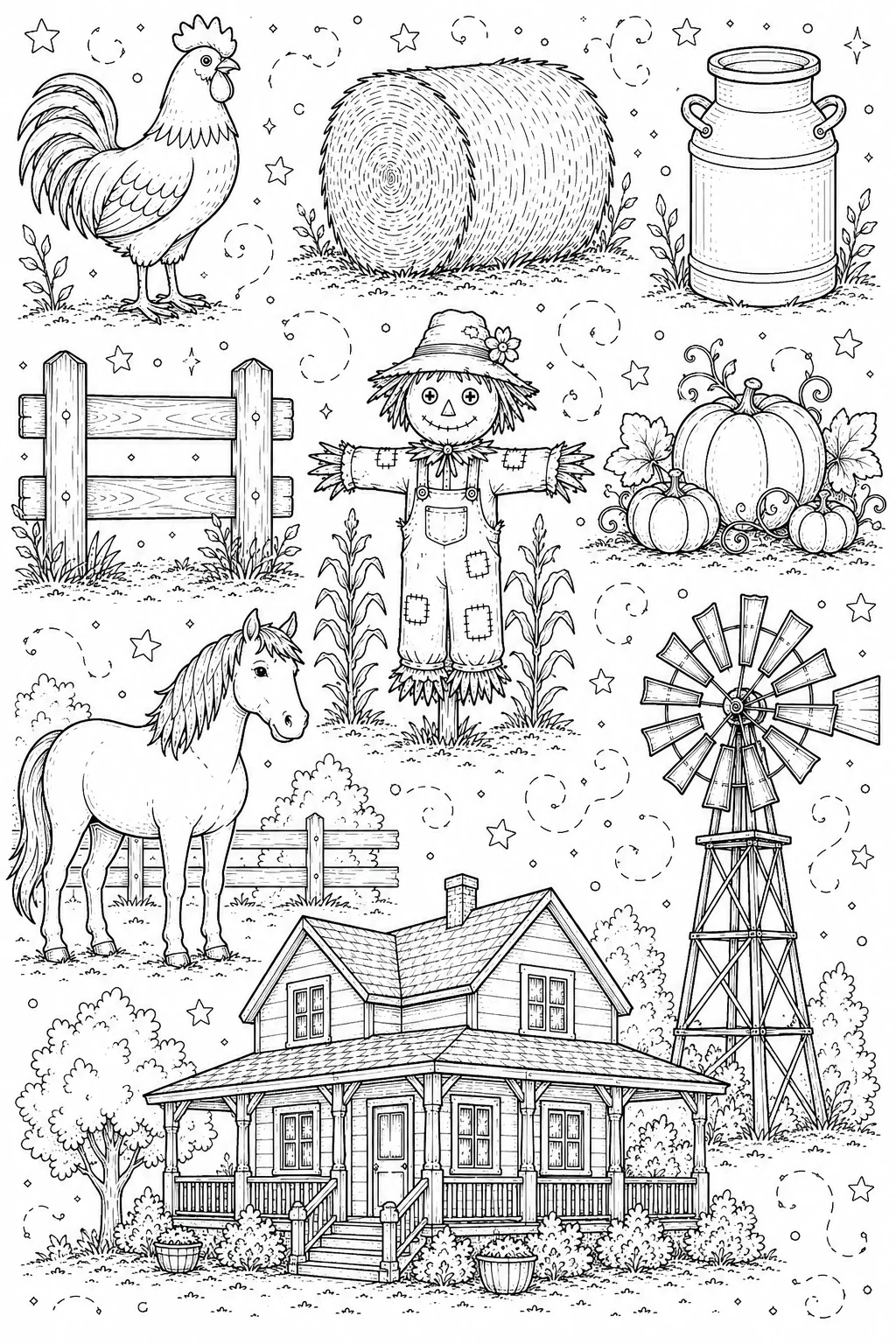 Printable Farm Life and Harvest crowing rooster and farmhouse windmill doodle coloring page sheet