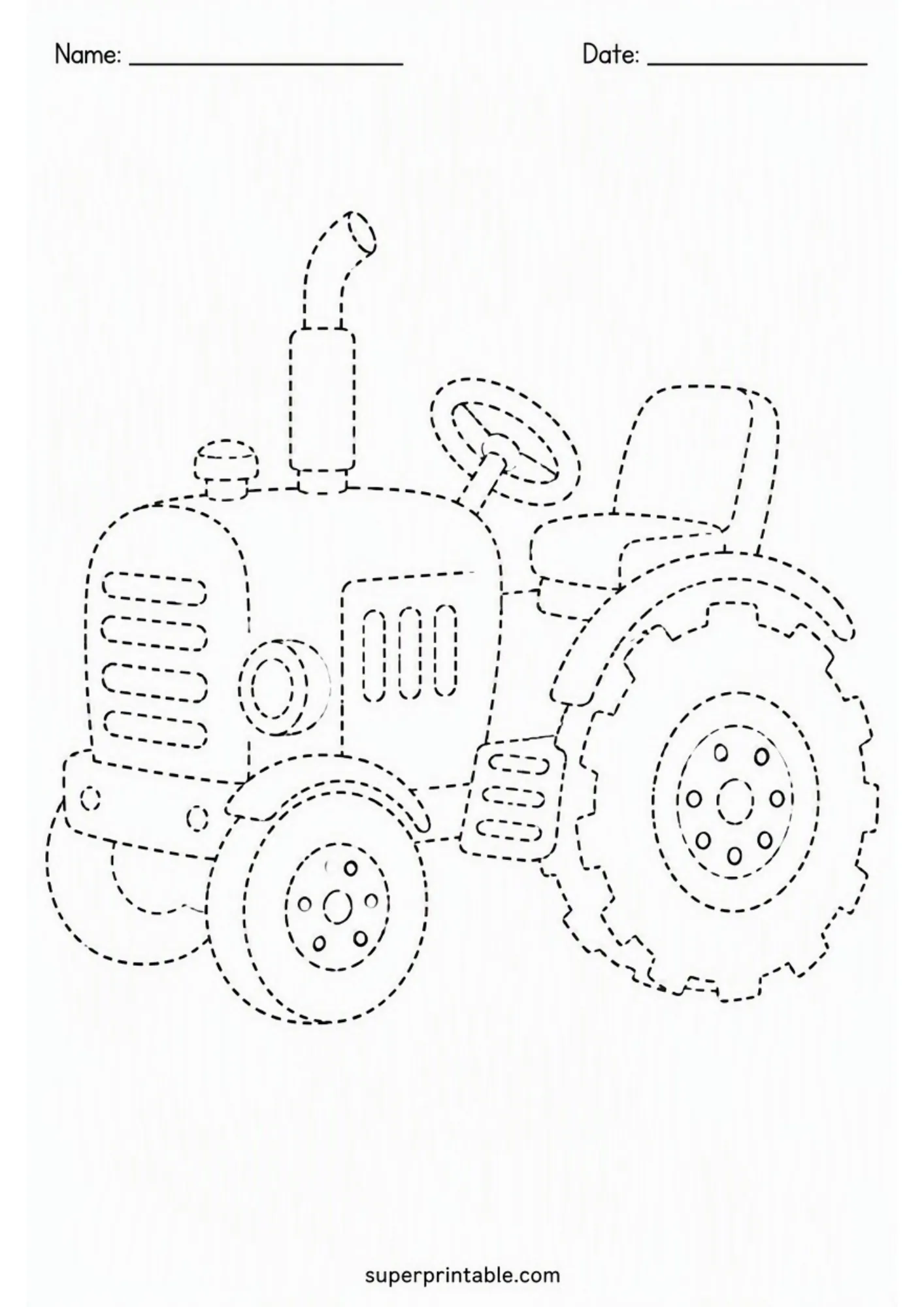 Dashed outline line tracing worksheet of a farm tractor with large treaded wheels and an exhaust pipe.