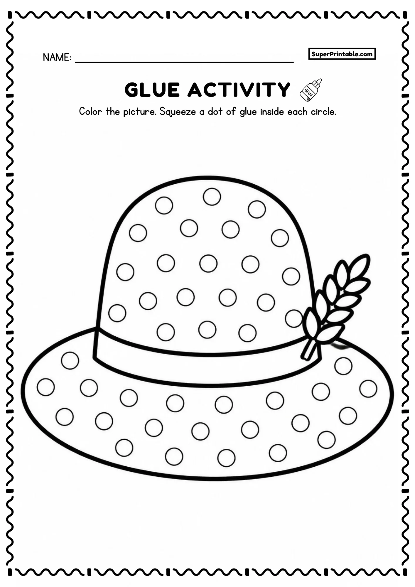 Printable dot glue farm worksheet showing wide-brimmed farmer hat with dot circles for preschoolers