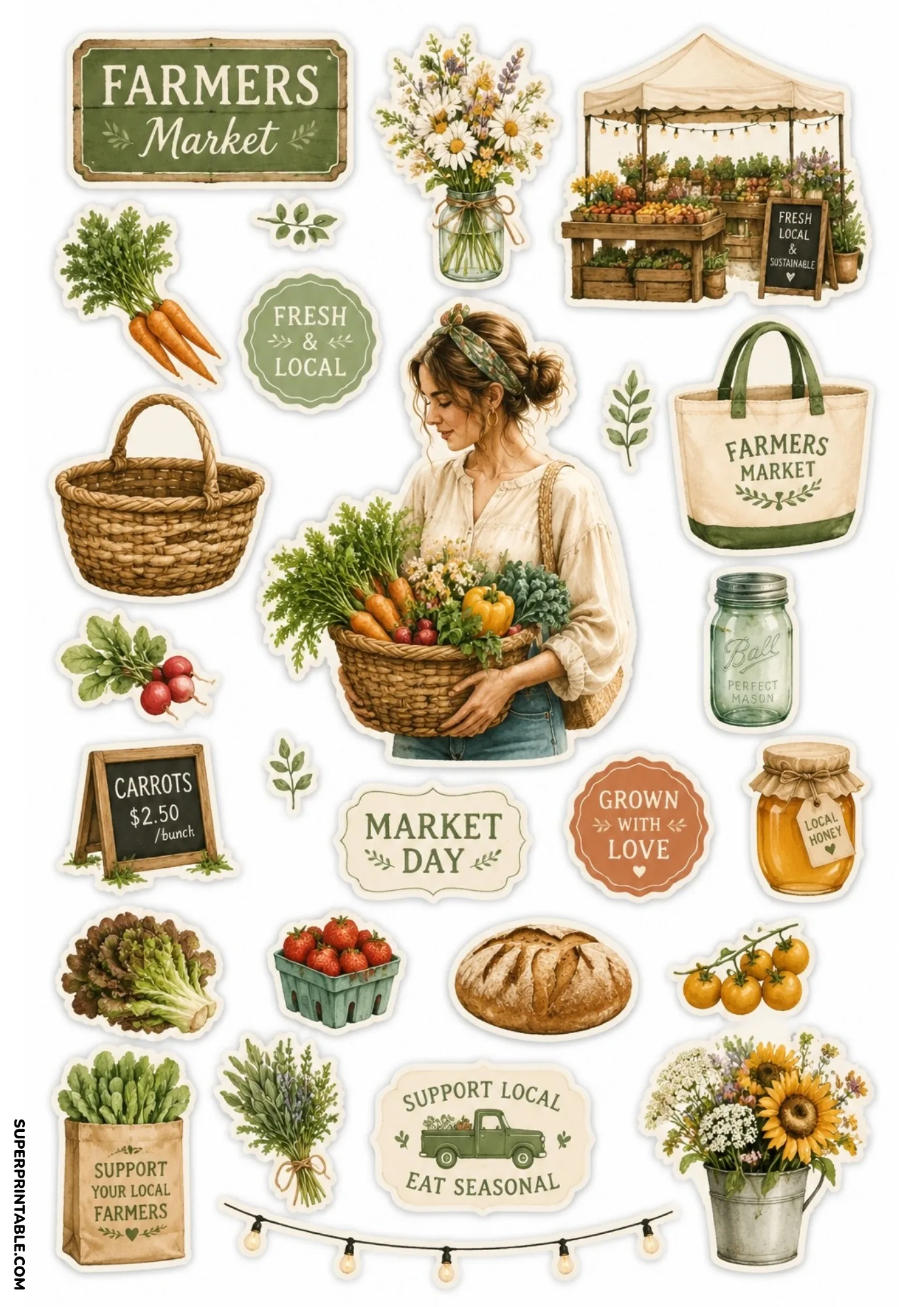 Farmers market stickers featuring a woman holding a harvest basket full of fresh vegetables.