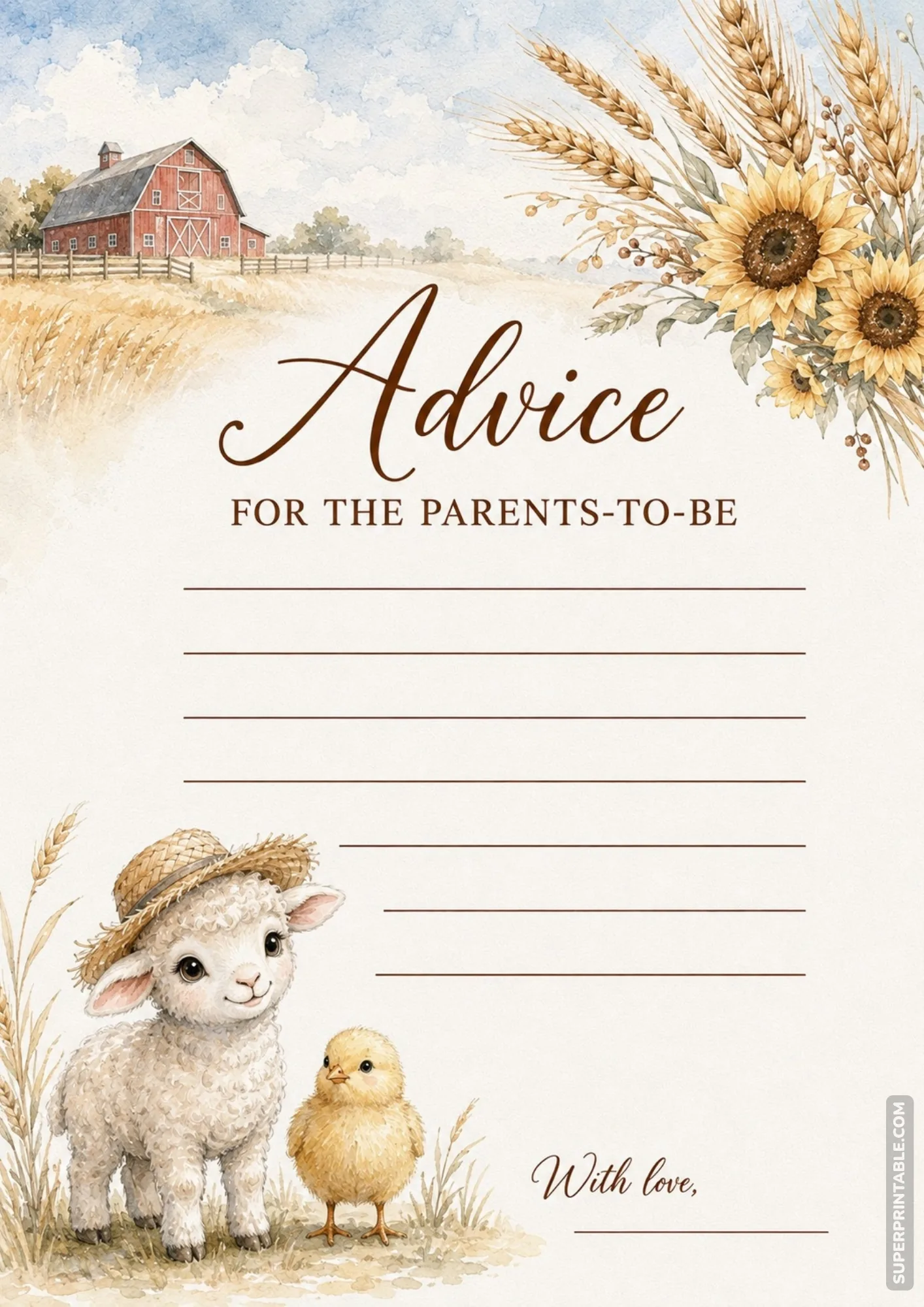 Baby shower advice card featuring a cute lamb in a straw hat and chick in front of a red barn.