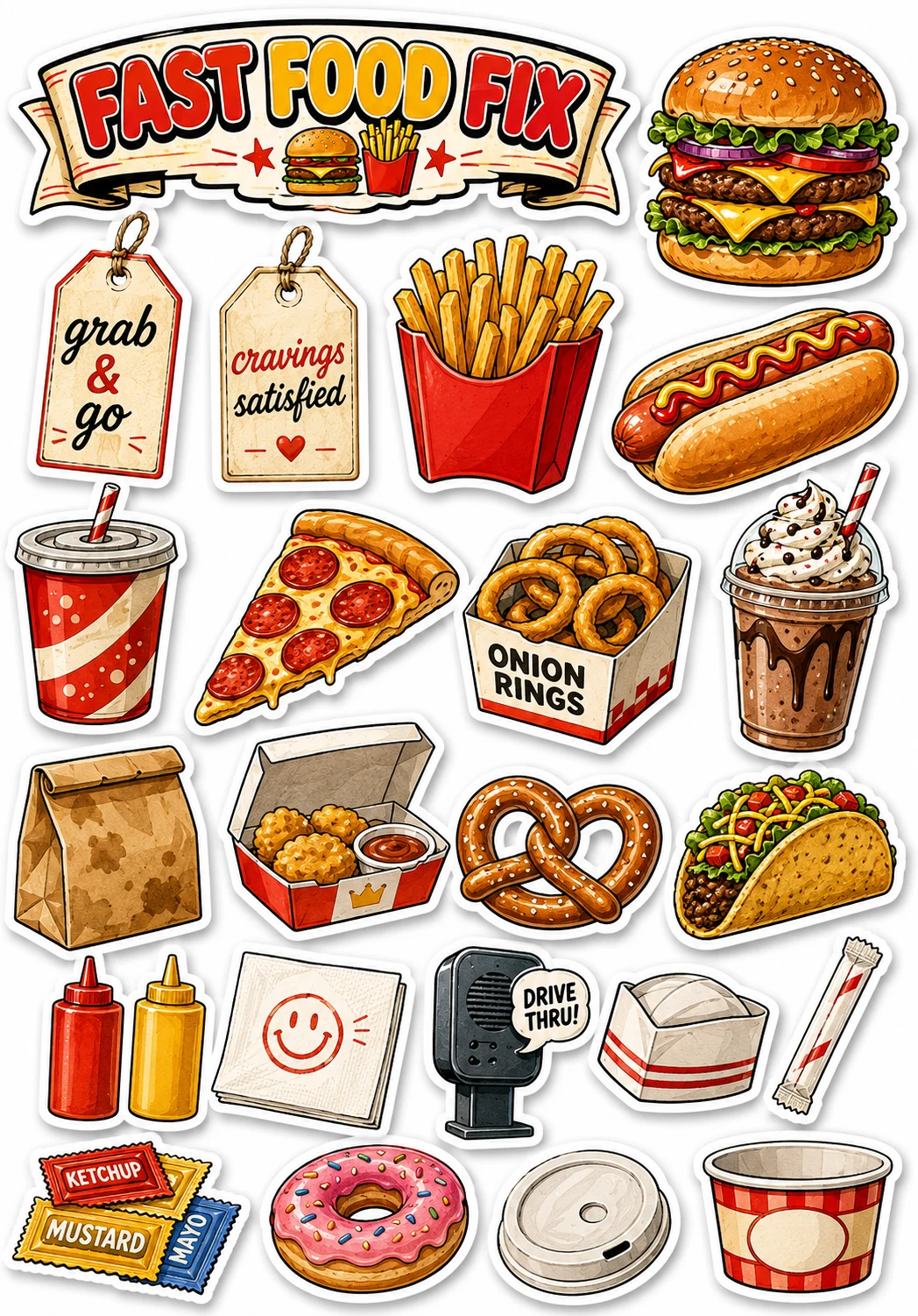 Fast Food Fix Burgers Fries Pizza Sheet featuring fast food, retro diner comfort food, junk food treats, and late night cravings.