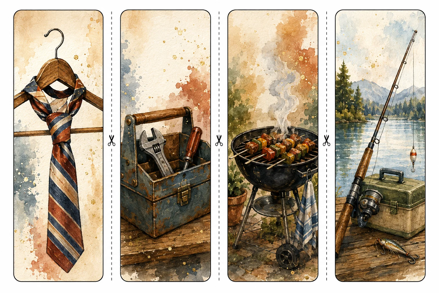 Printable Father's Day bookmarks sheet 1, tie, toolbox, and fishing