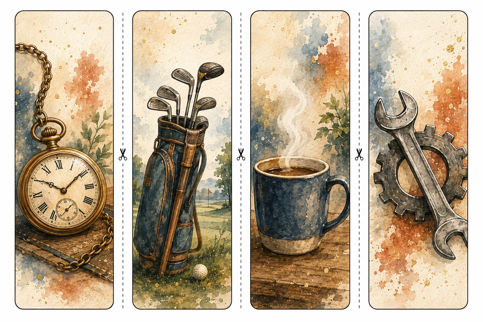 Printable Father's Day bookmarks sheet 2, pocket watch and coffee mug