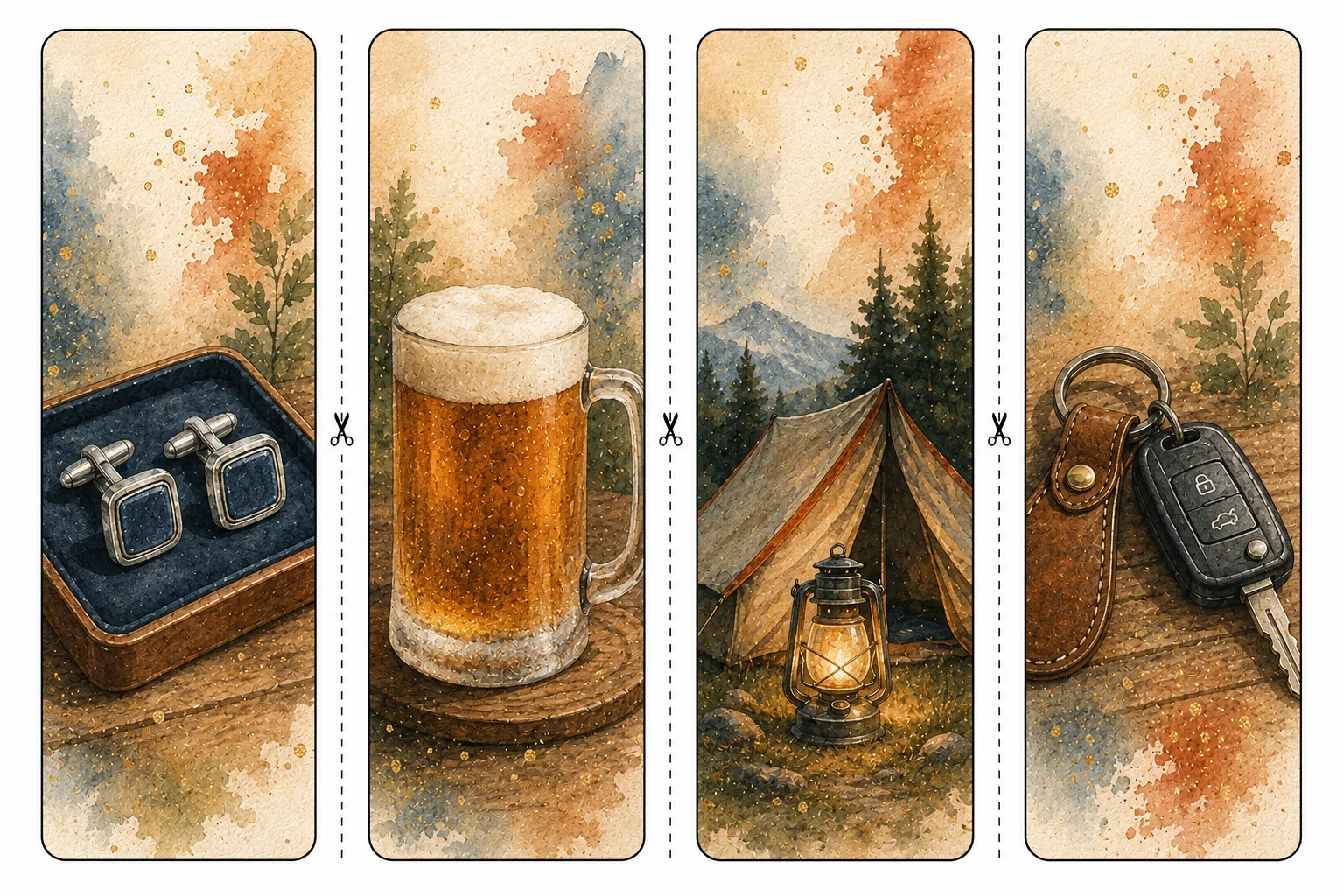 Printable Father's Day bookmarks sheet 4, cufflinks and camp lantern
