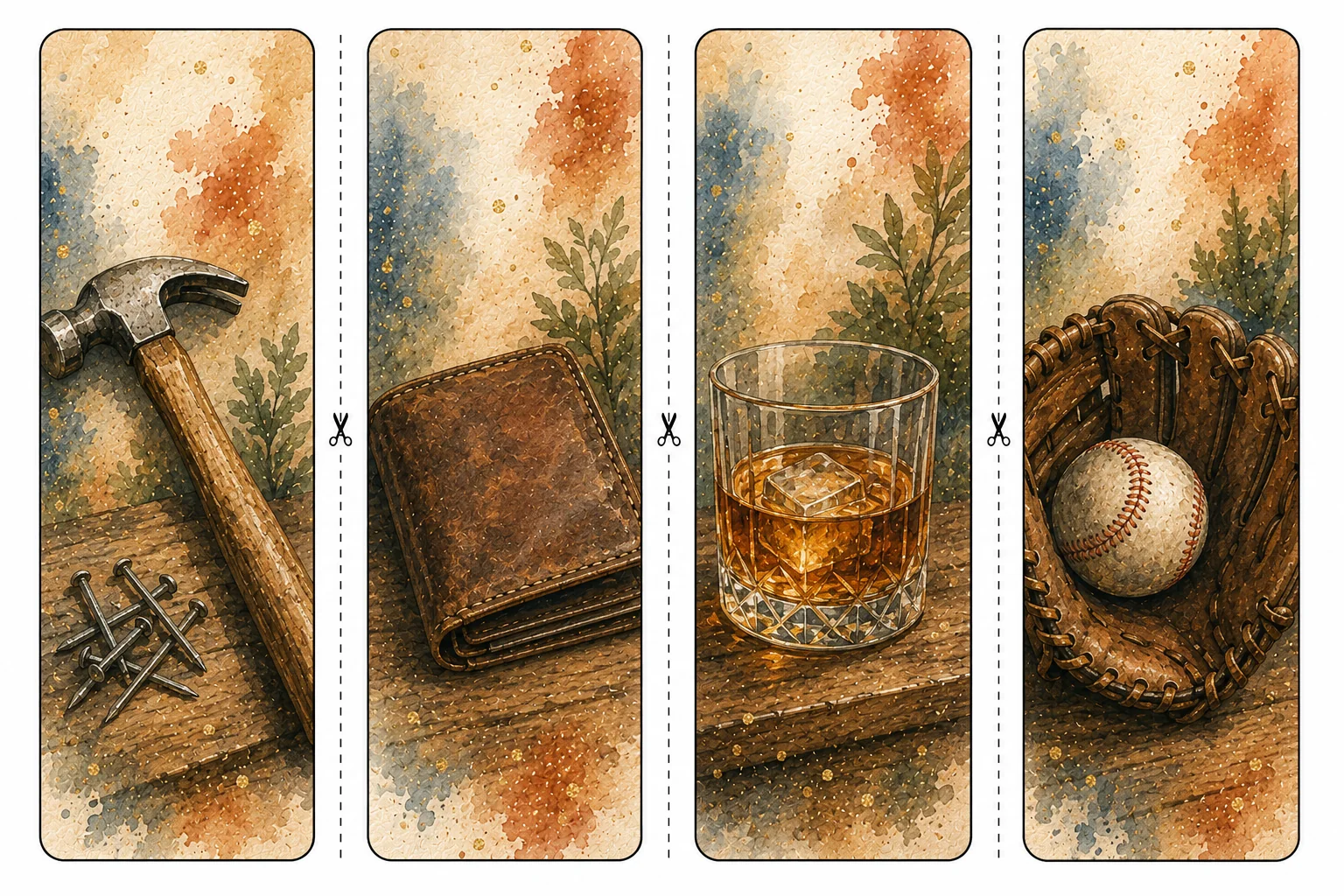 Printable Father's Day bookmarks sheet 5, hammer, wallet, and baseball