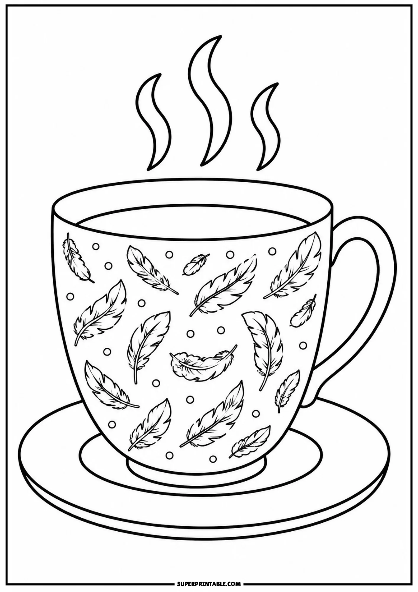 Black and white line art of a warm teacup on a saucer decorated with floating feathers and steam swirls.