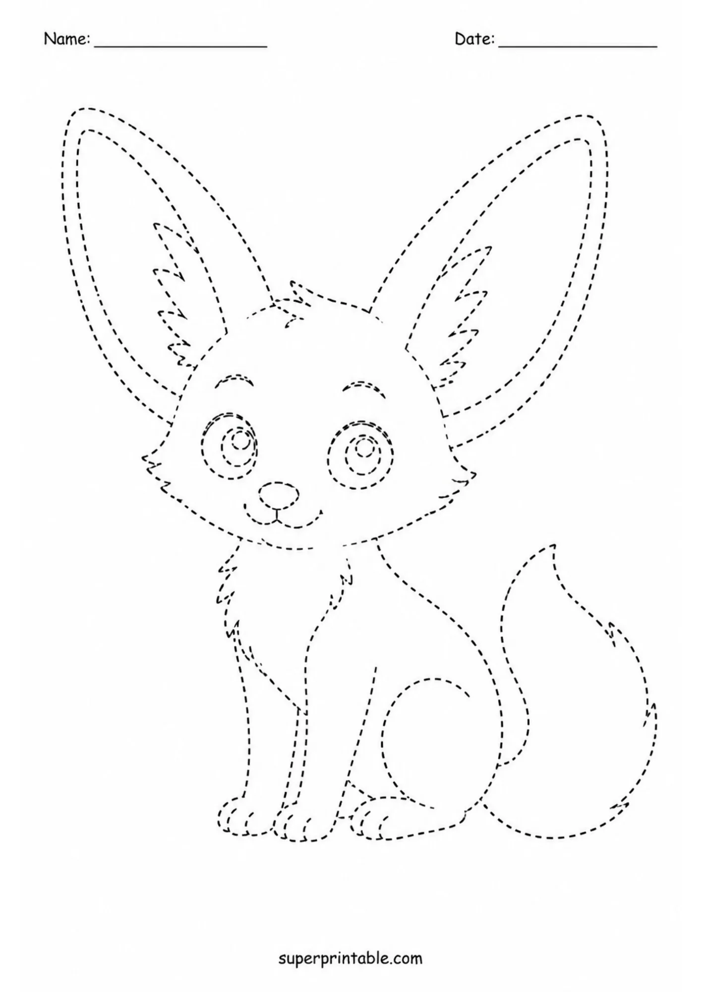 Printable fennec fox tracing activity page showcasing large ears for preschool line tracing practice.