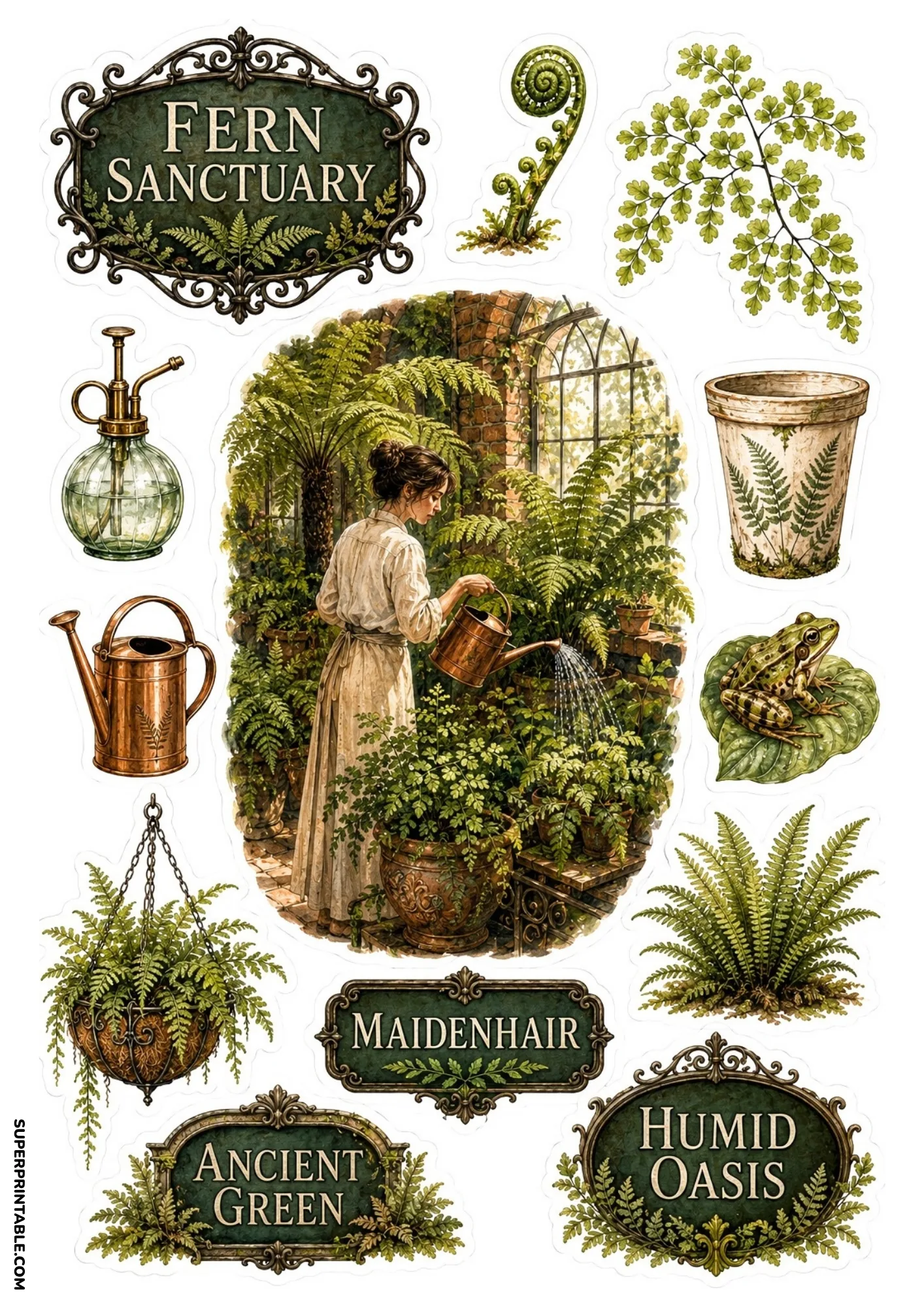 Greenhouse fern sanctuary stickers displaying a woman watering ferns, green frog, and copper watering can.