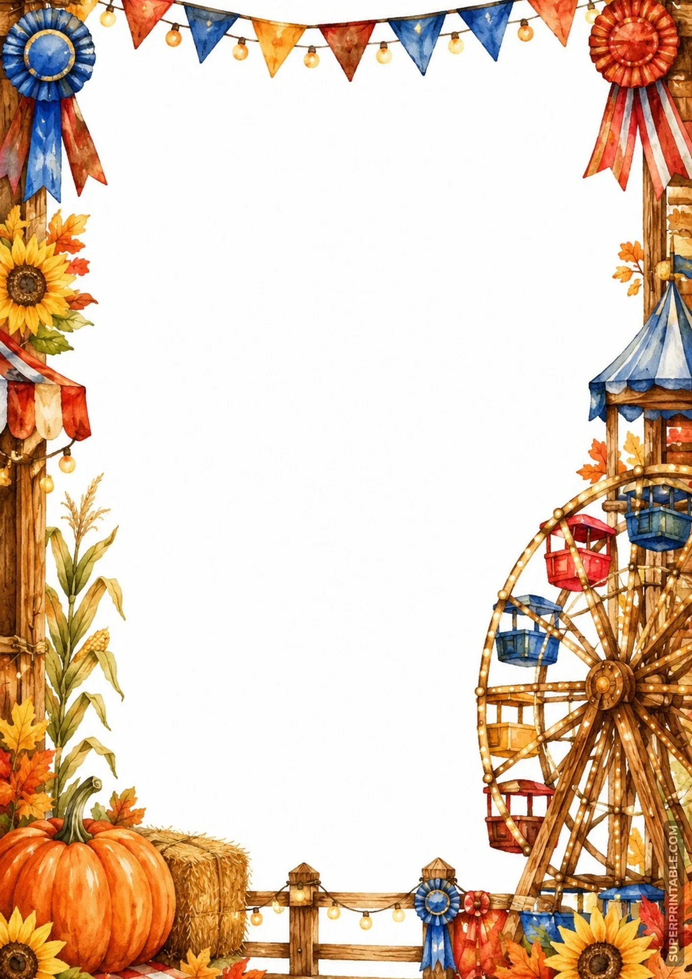 State fair page border displaying a glowing wooden Ferris wheel, hay bale, and large orange pumpkin.