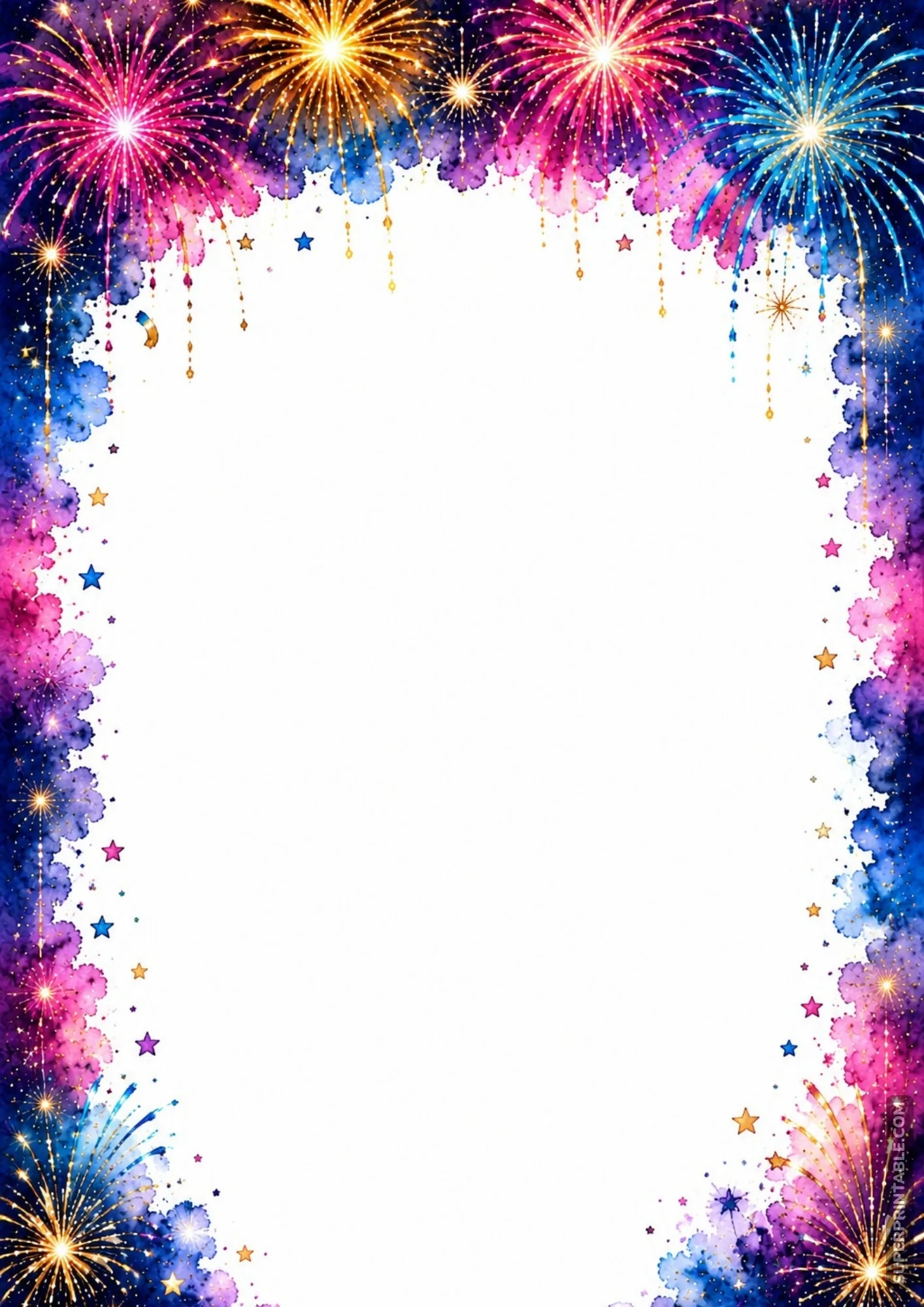 Vibrant fireworks arch border page featuring colorful explosions and hanging golden sparkler trails.