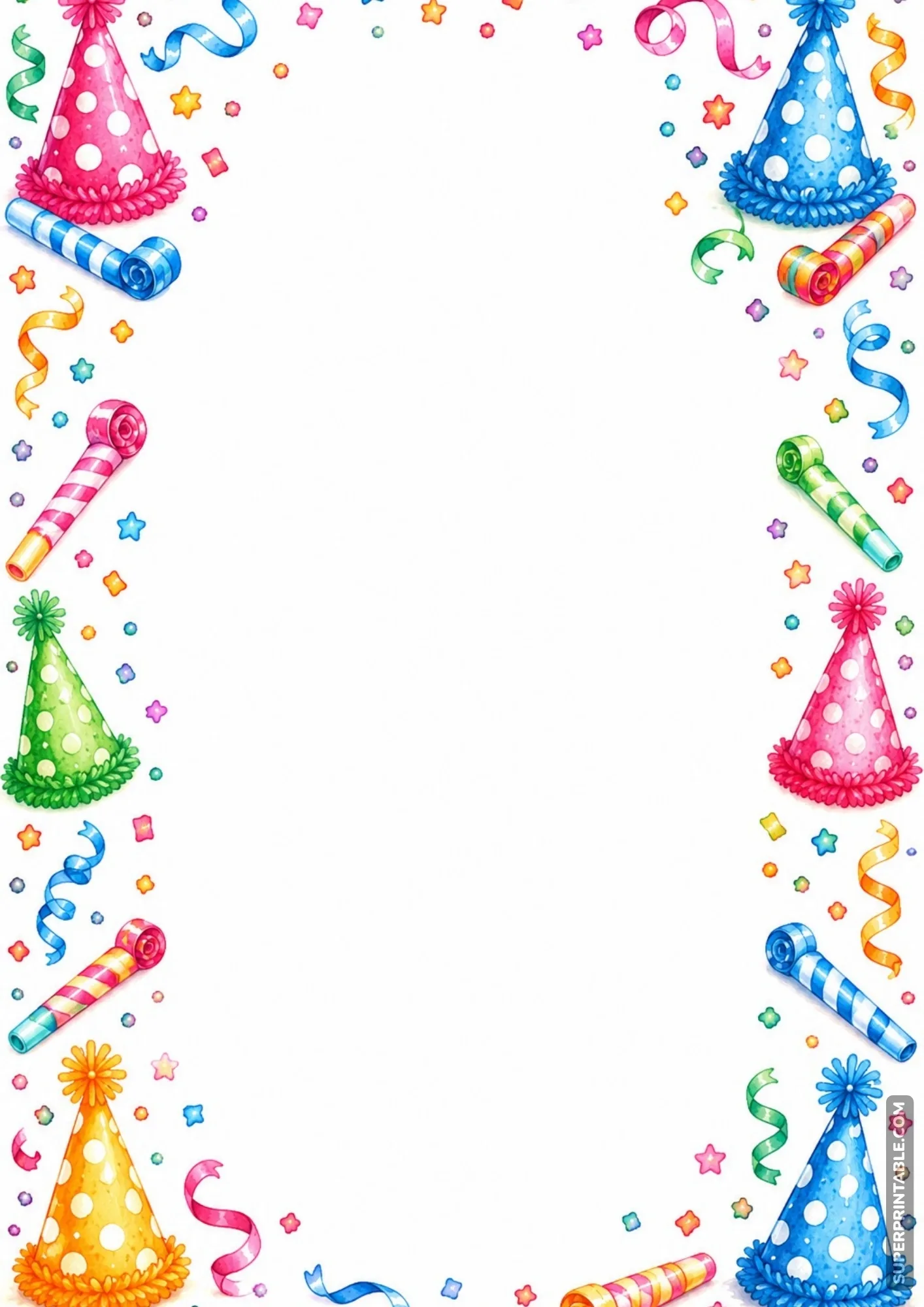 Watercolor birthday border with colorful polka dot party hats, streamers, and blowers.
