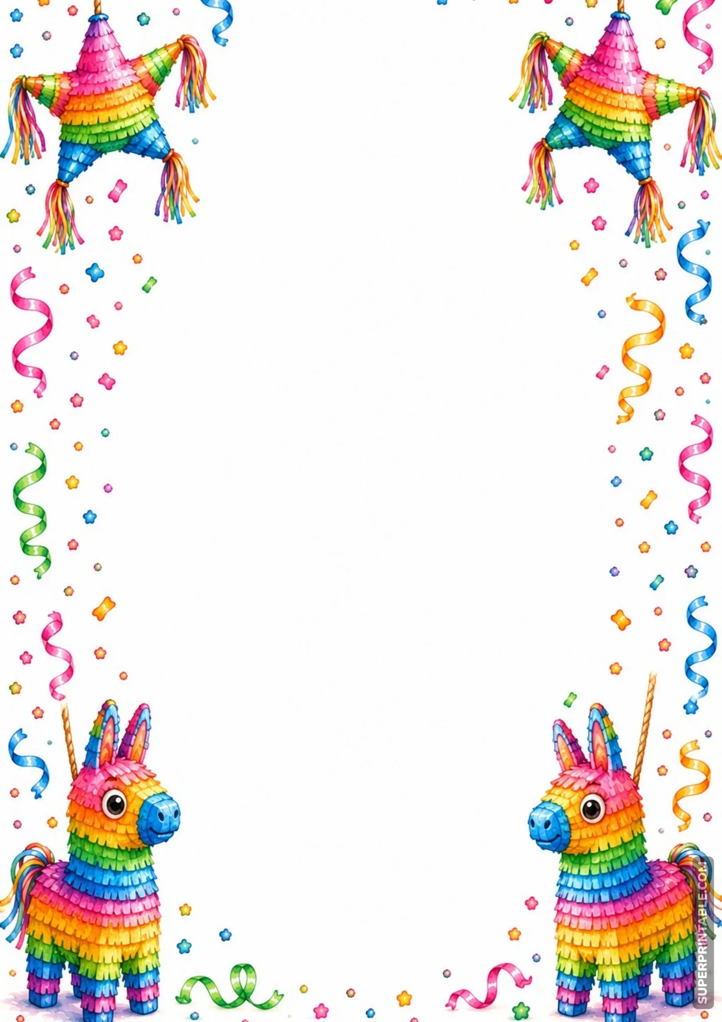 Playful birthday border featuring colorful star and donkey piñatas with confetti.
