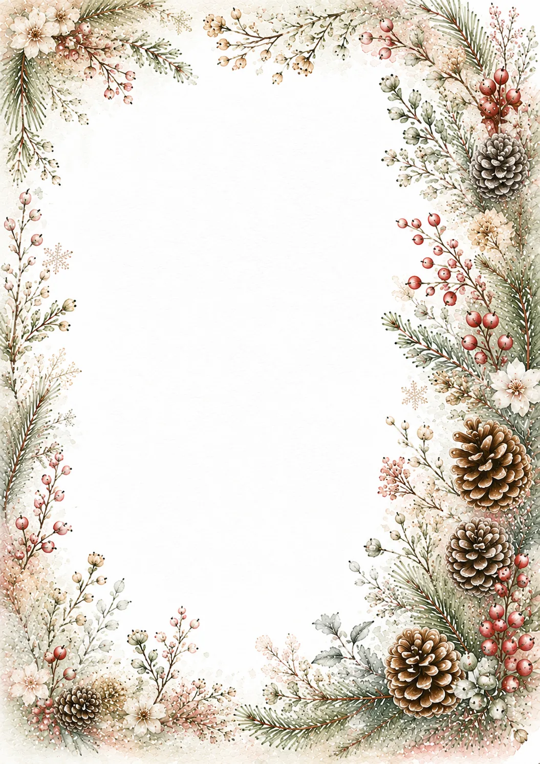 Festive winter stationery border with pine branches, berries, pinecones, and soft floral accents