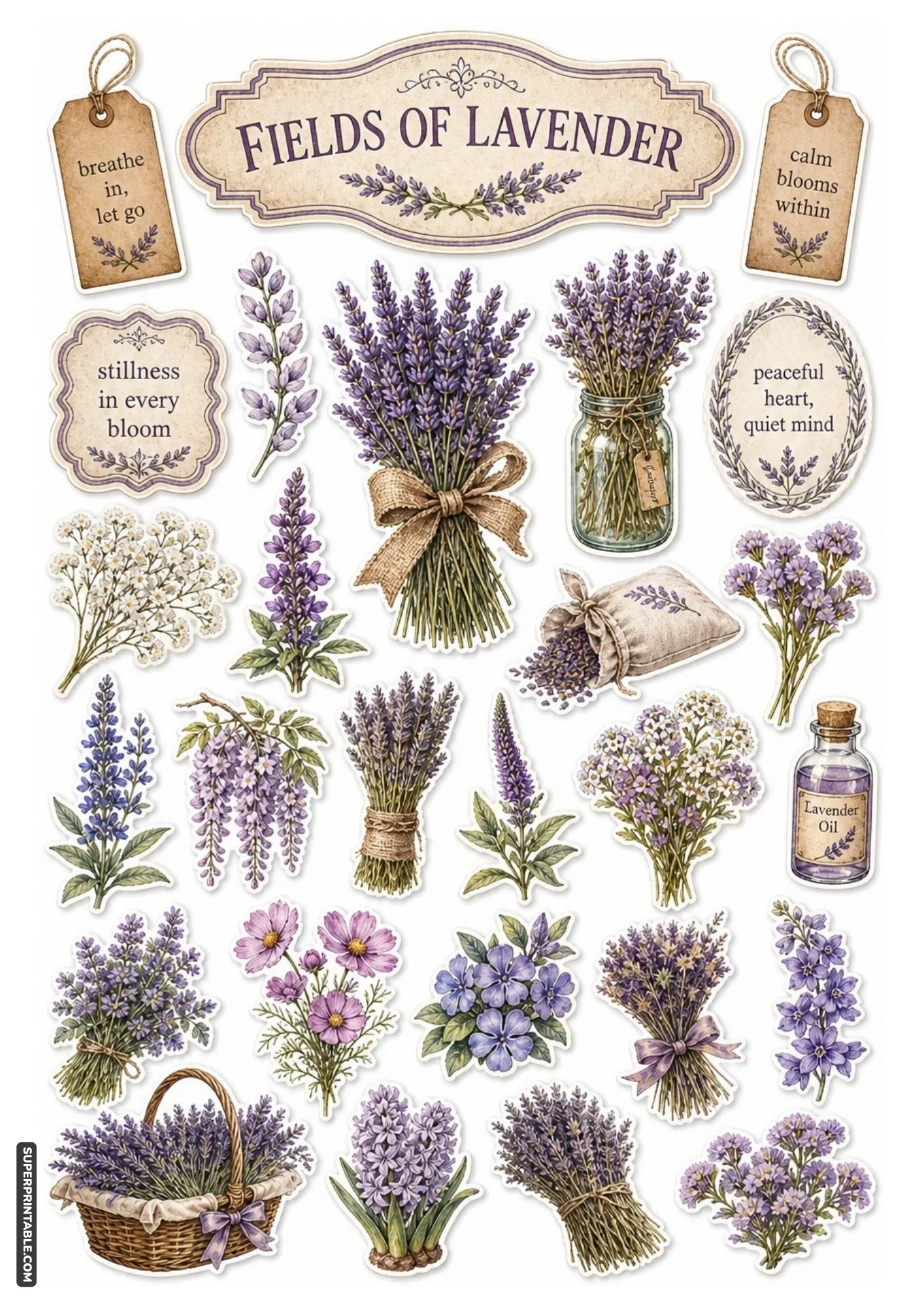 Purple themed printables featuring lavender bundles and wisteria flowers.