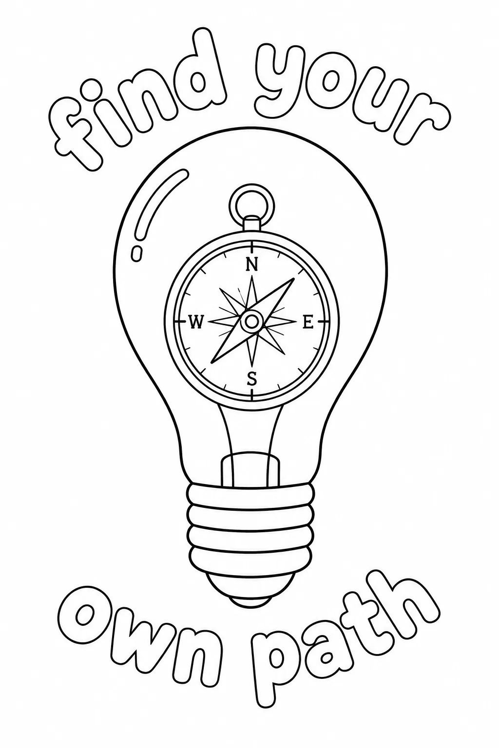 Free printable light bulb coloring pages featuring a vintage compass with Find Your Own Path text.