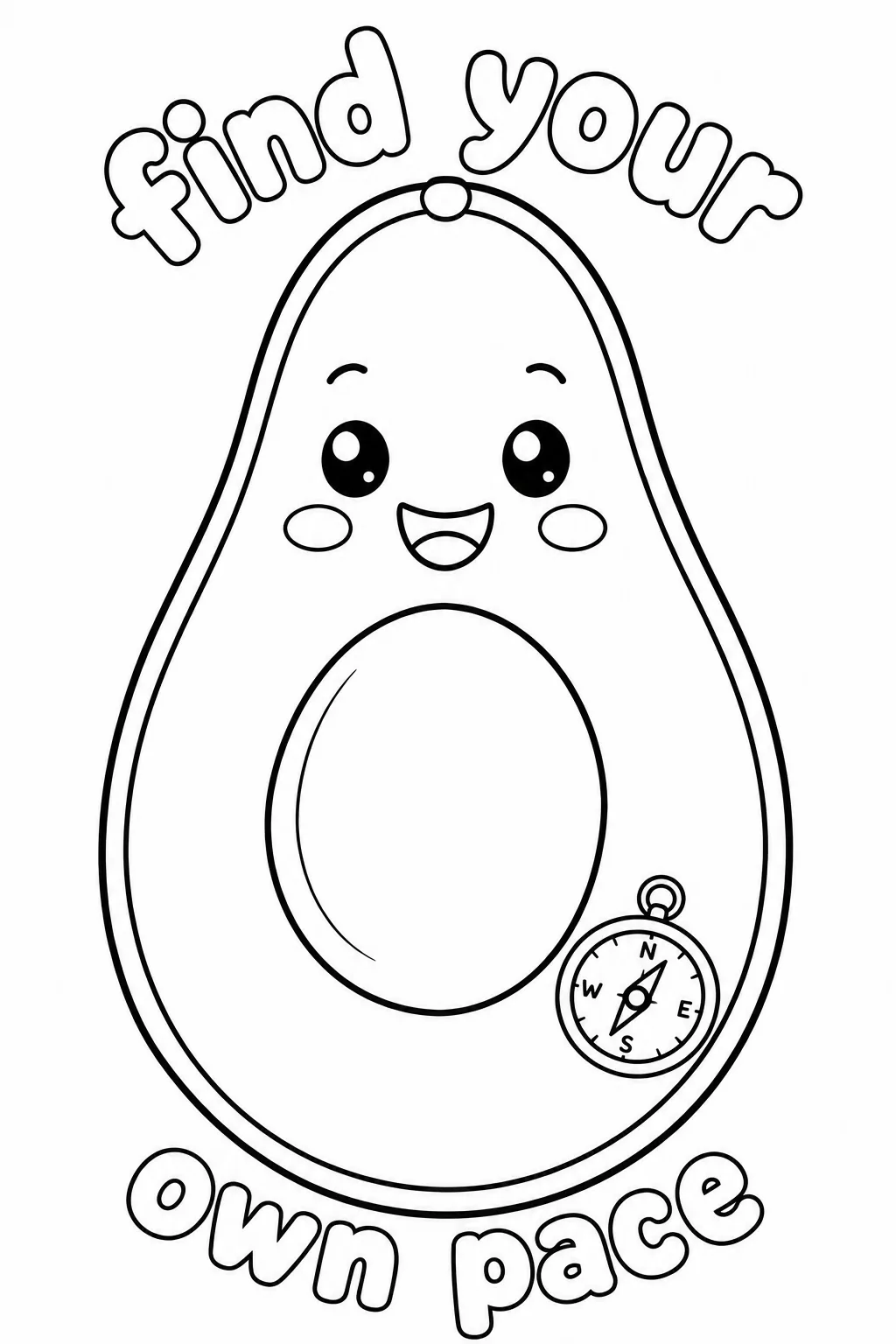 Cheerful avocado with a compass and find your own pace text.