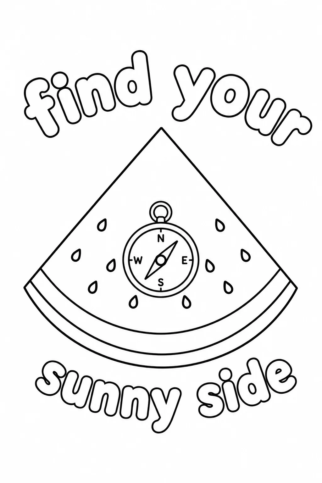 Navigational compass icon inside a watermelon slice summer coloring sheet.