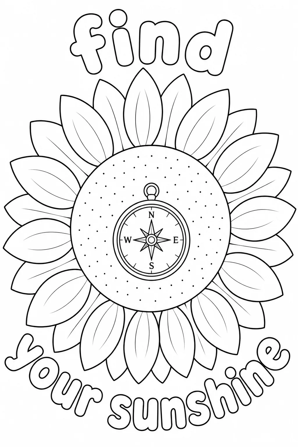 Navigational compass rose inside a sunflower core with find your sunshine phrase line art.