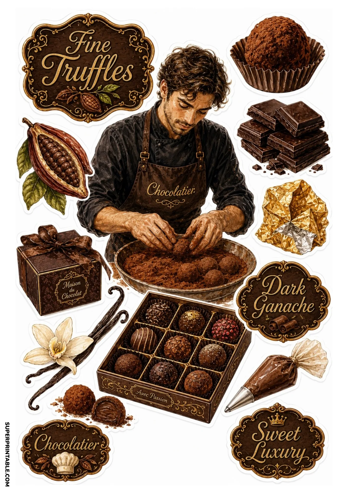 Artisan chocolatier sticker sheet showing a pastry chef crafting truffles, dark chocolate blocks, cocoa pod, and boxed chocolates.