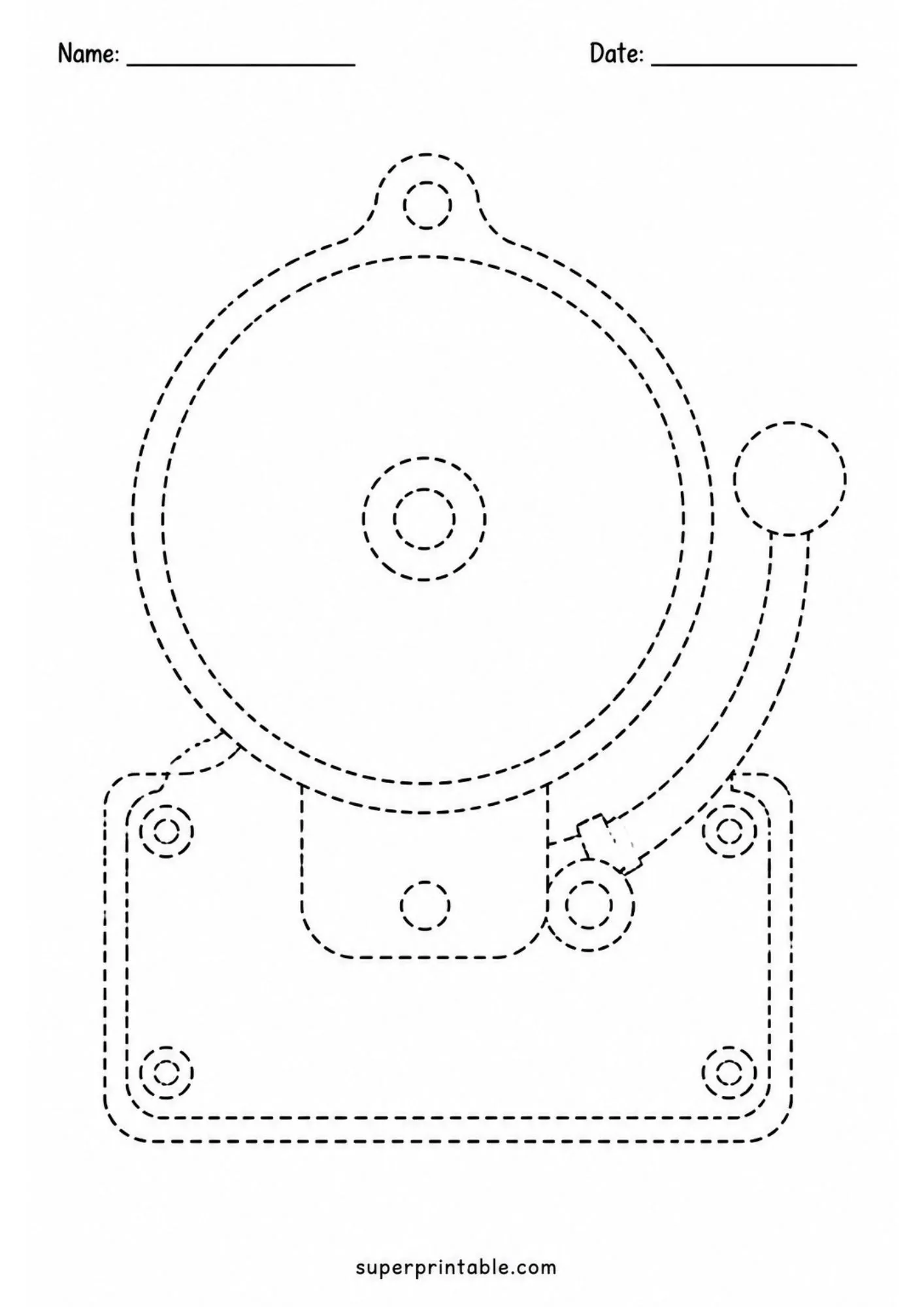 Line tracing activity page showcasing a classic wall-mounted fire alarm bell.