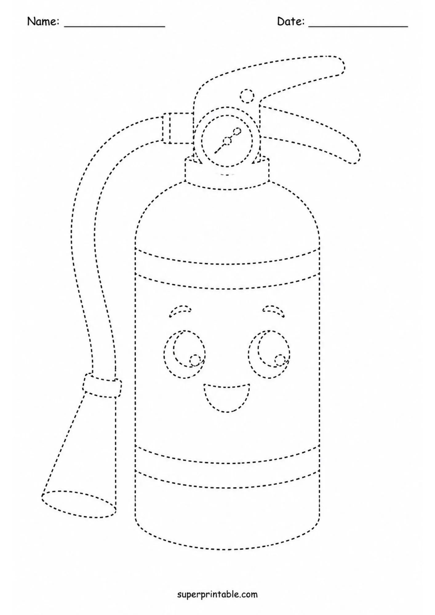 Printable tracing worksheet of a cartoon fire extinguisher with a happy smiling face.