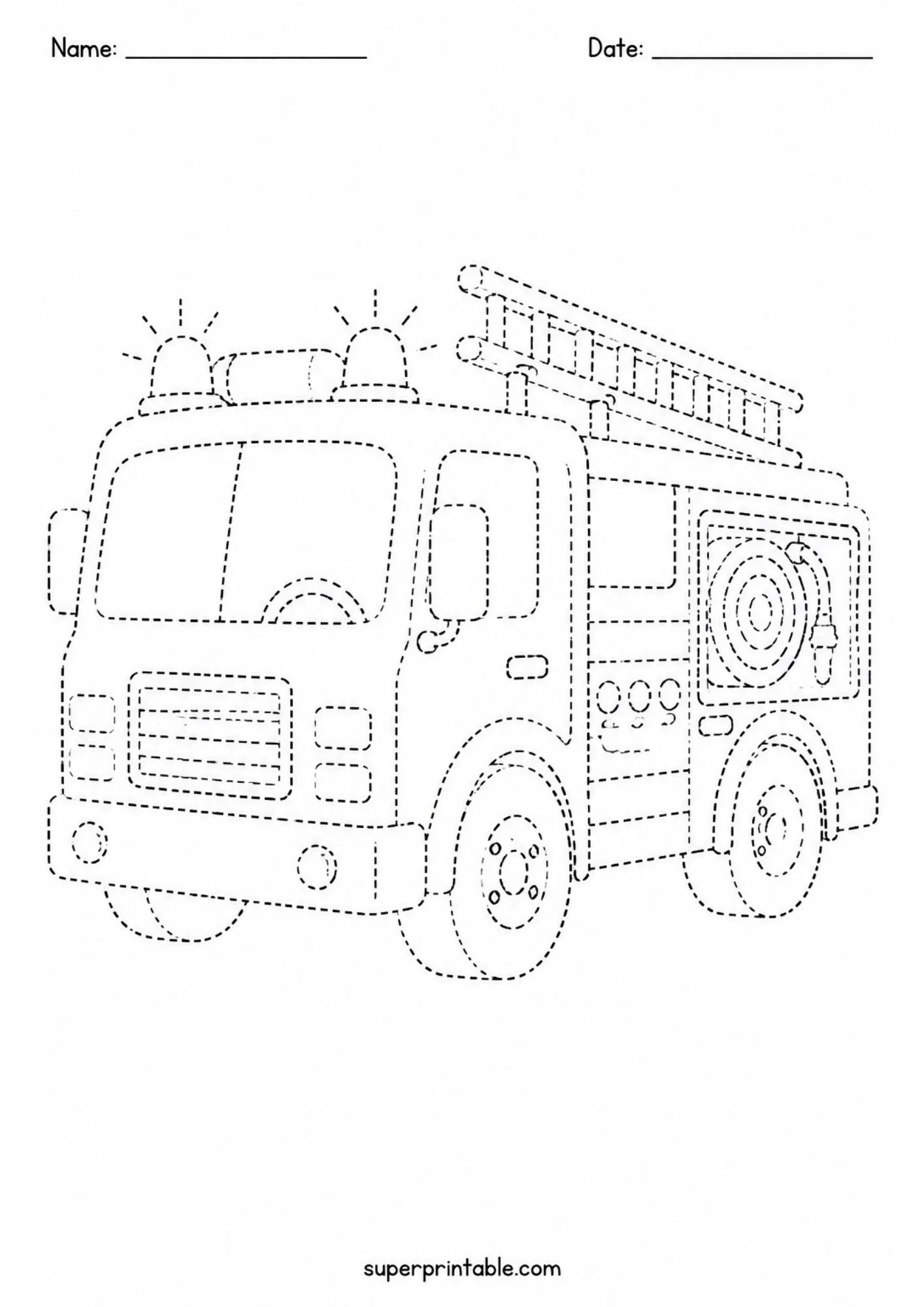 Tracing printable featuring a detailed fire truck outline for kids to trace and color.