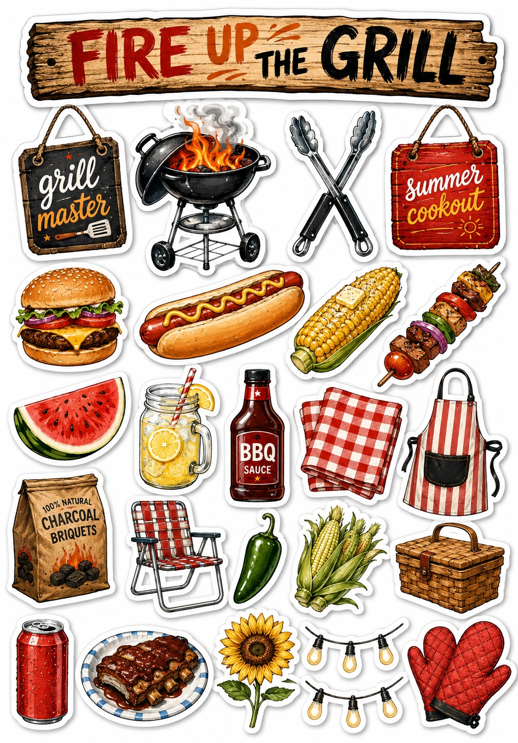 Fire Up The Grill Cookout BBQ Sheet featuring backyard BBQ, grill master equipment, smoked meats, and summer cookouts.