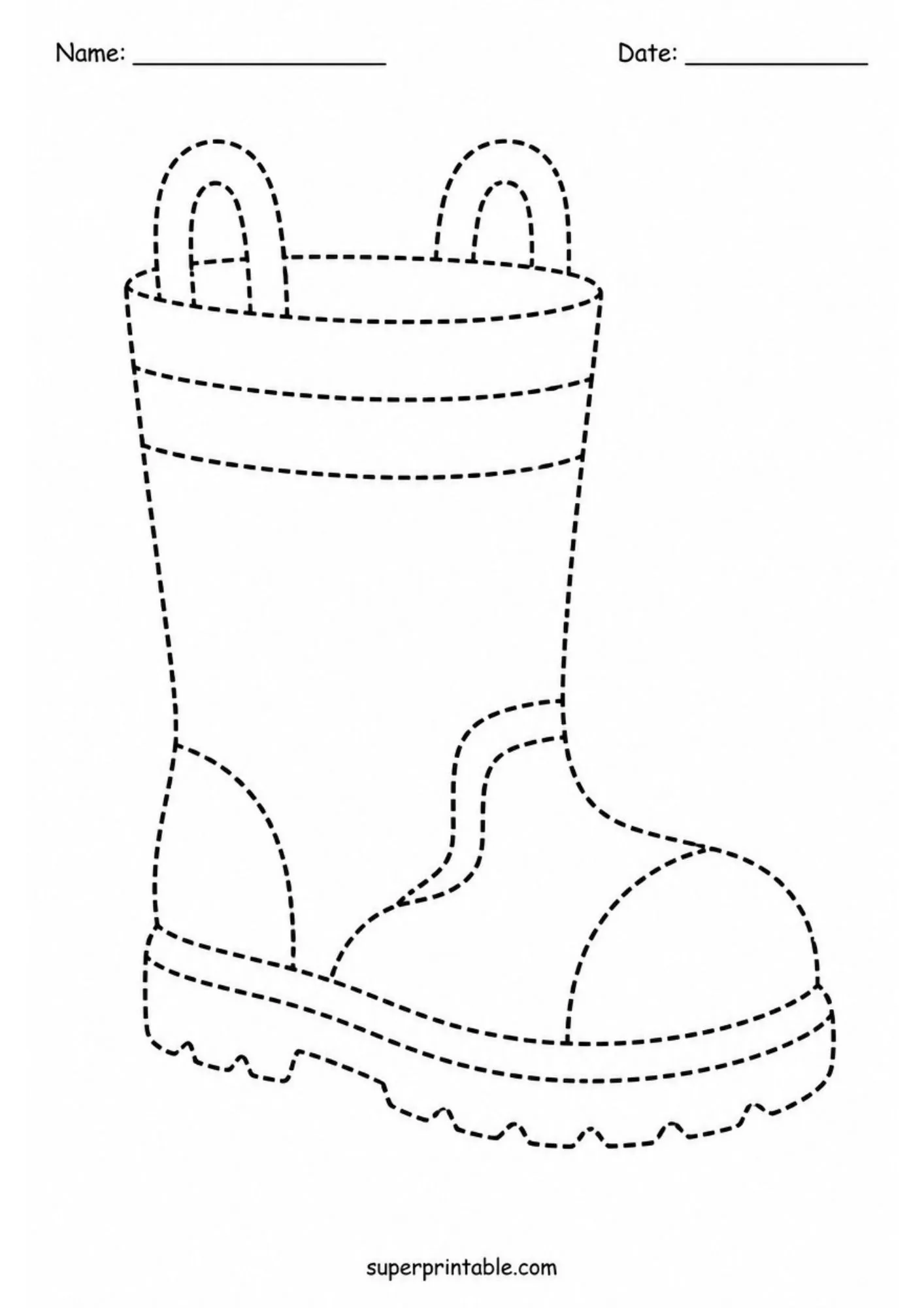 Black and white line tracing activity sheet of a firefighter protective boot.