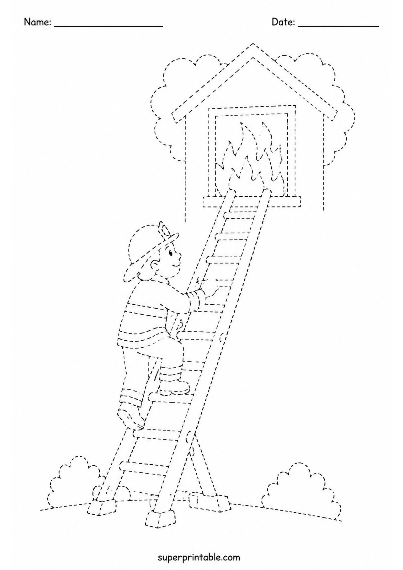 Fire station activity worksheets showing a firefighter climbing a ladder to a window.