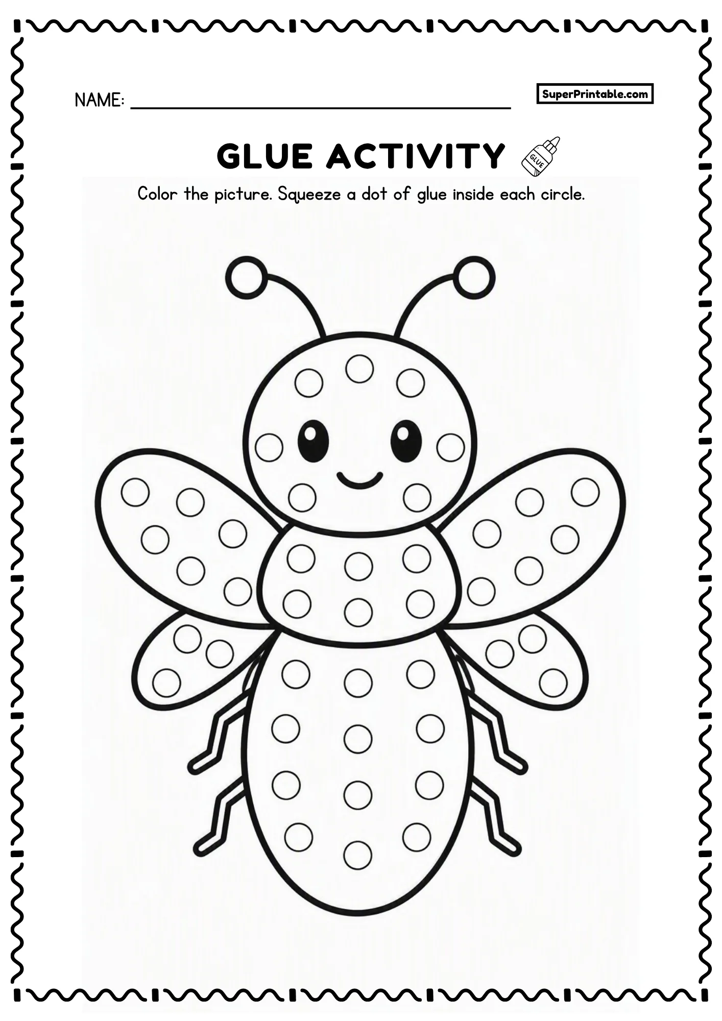 Printable firefly dot glue insects worksheet with glowing round wings and dot circles for kids