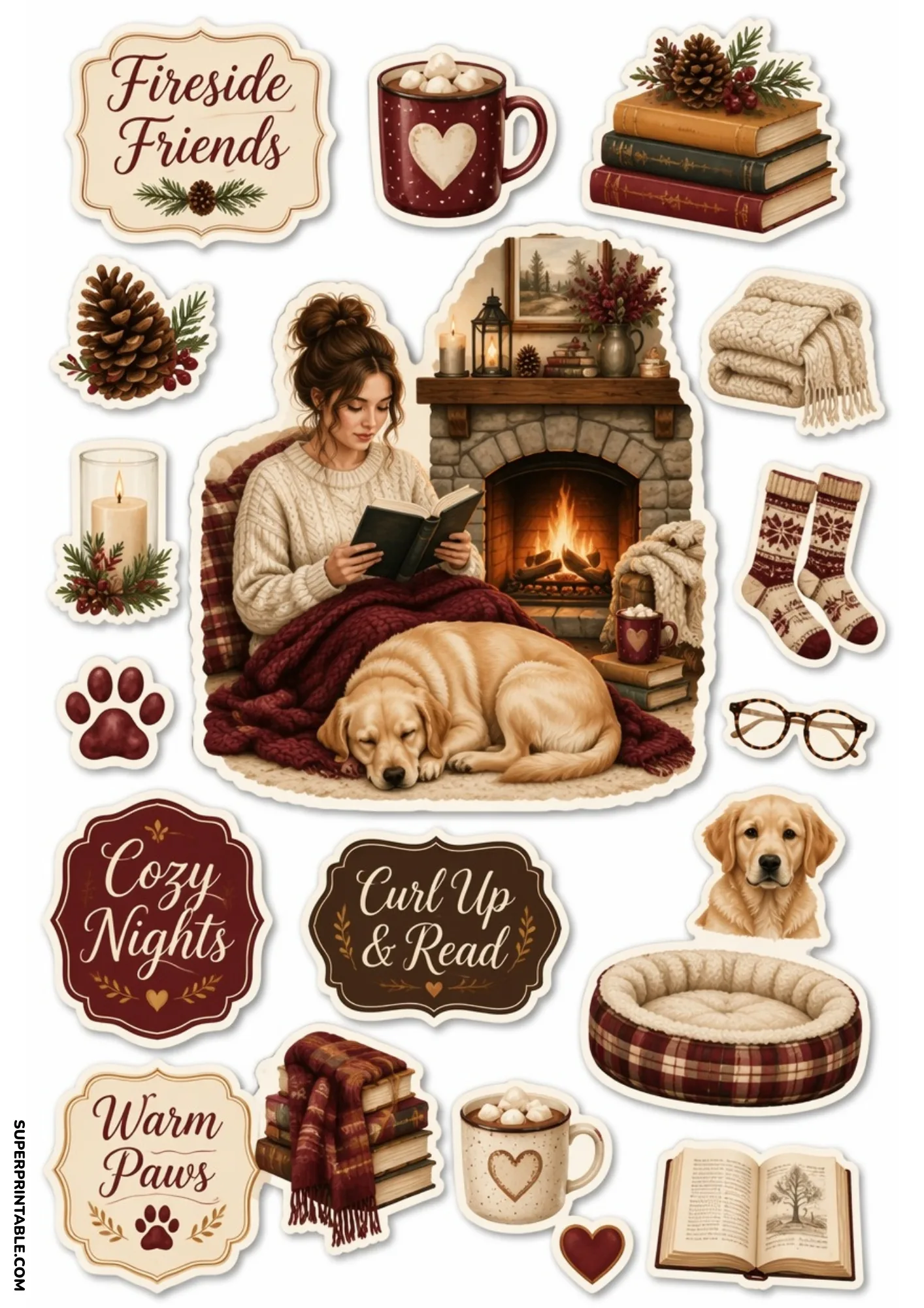 Cozy evening stickers of a woman reading by a fireplace with a sleeping golden retriever on a blanket.