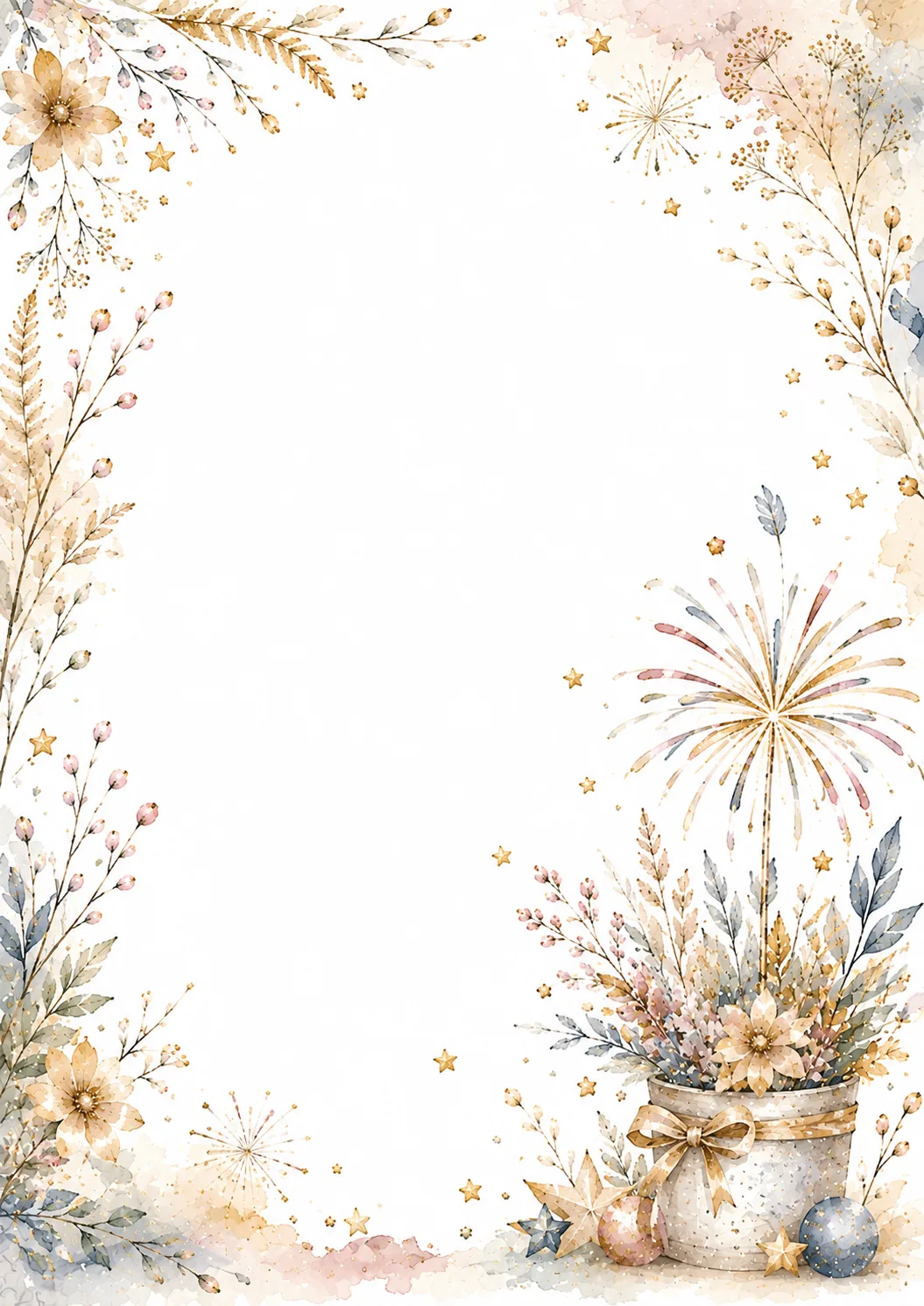 Festive printable page featuring fireworks, flower bucket and elegant celebration decorations.