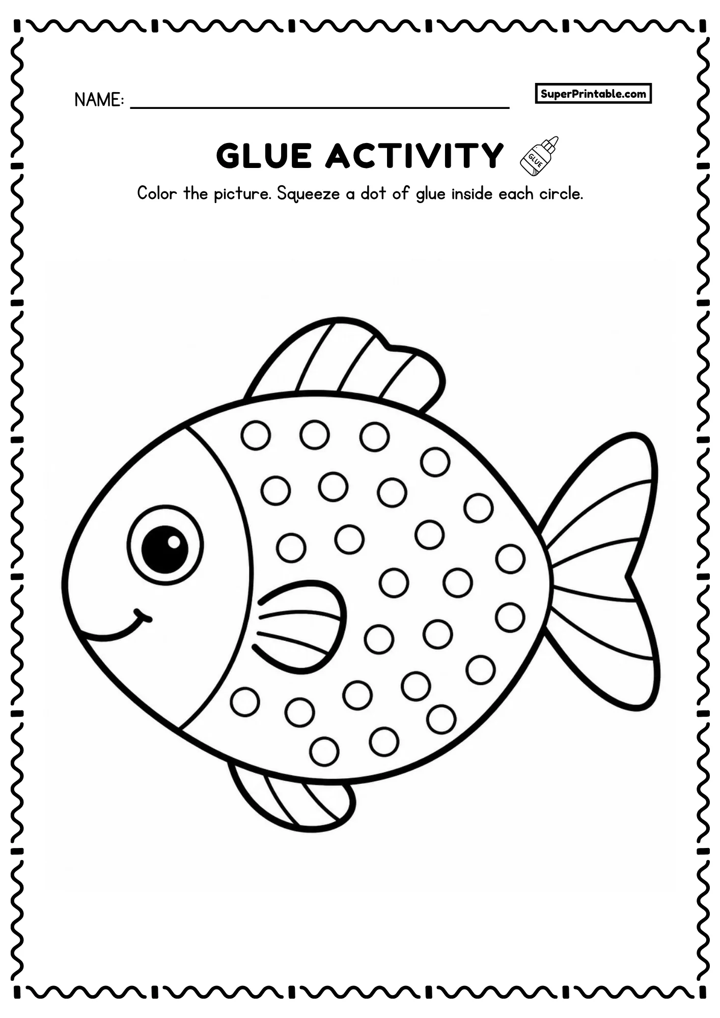 Smiling round fish printable glue worksheet with dot circles on the body for preschoolers