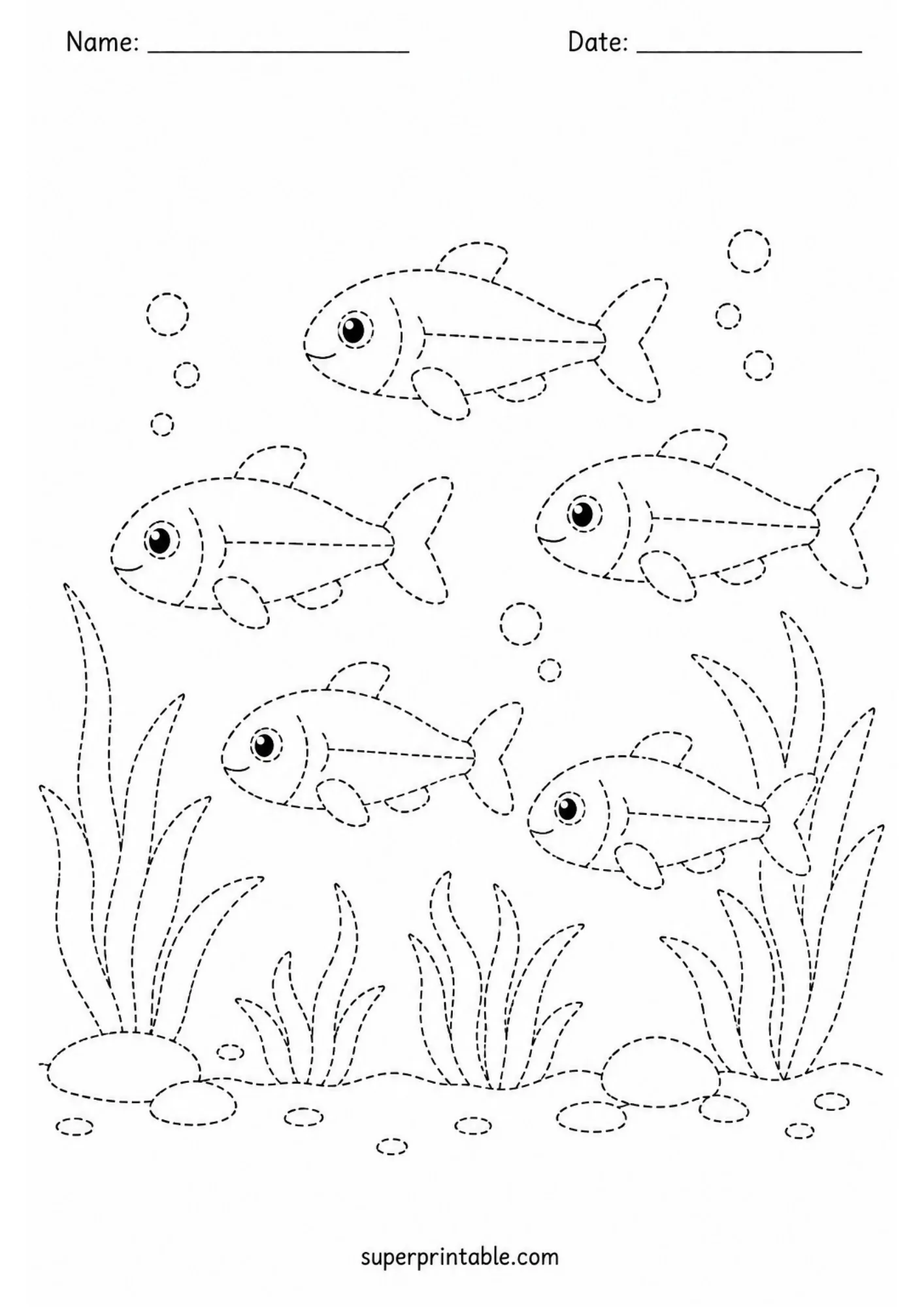 Educational pond life activity worksheets page featuring five fish swimming among plants.