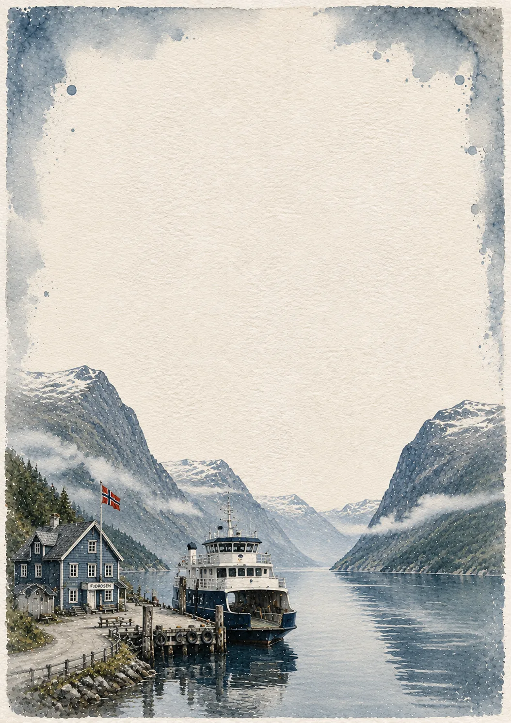 Detailed watercolor page frame featuring a blue harbor house and ferry docked along a snowy fjord.