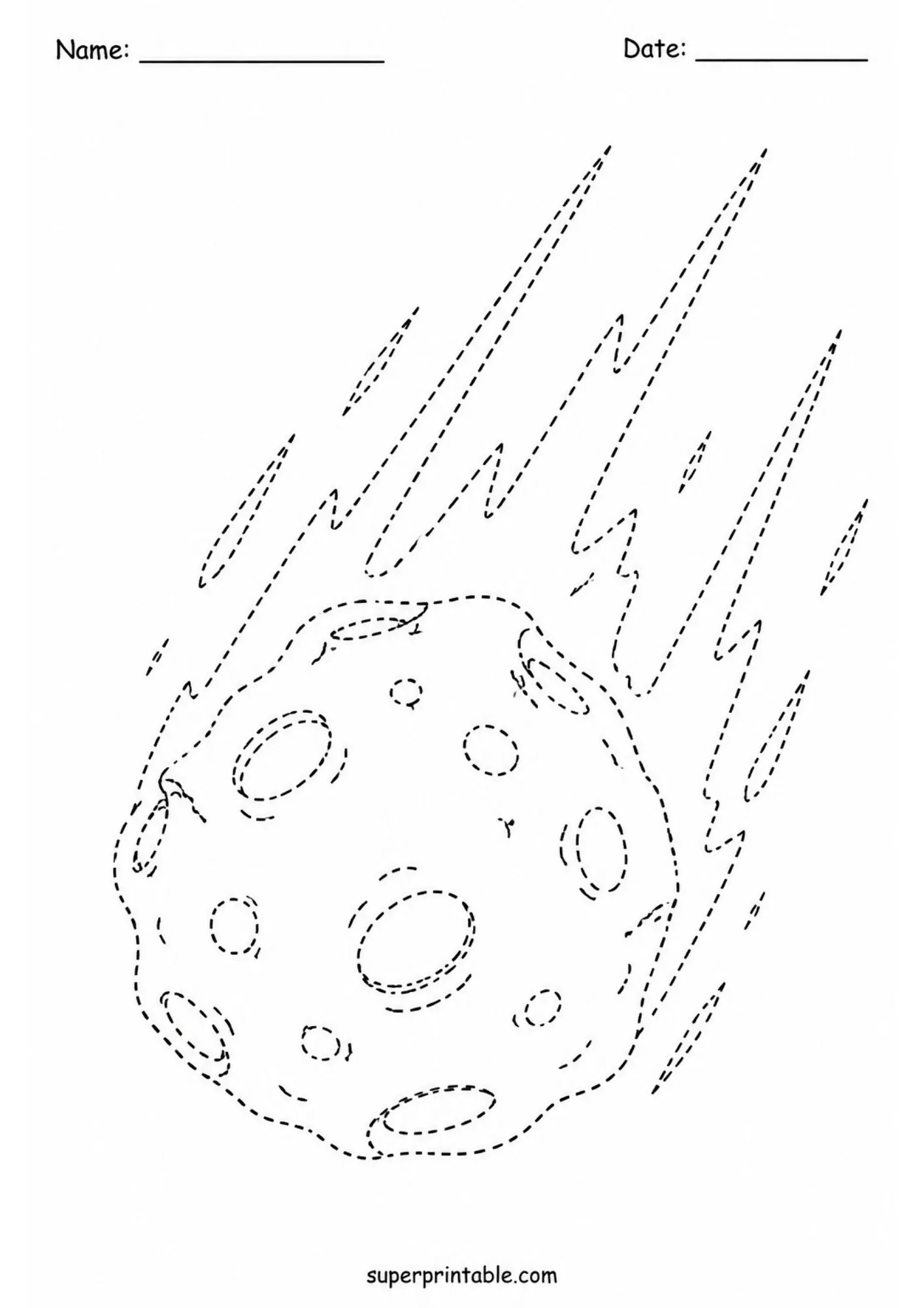 Printable space aliens activity worksheet showing a cratered flaming meteor speeding through outer space.