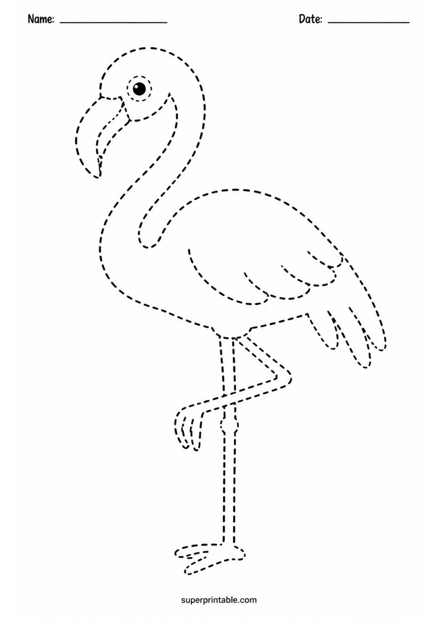 Standing flamingo tracing worksheet with curved neck, long legs, wings, and hooked bill