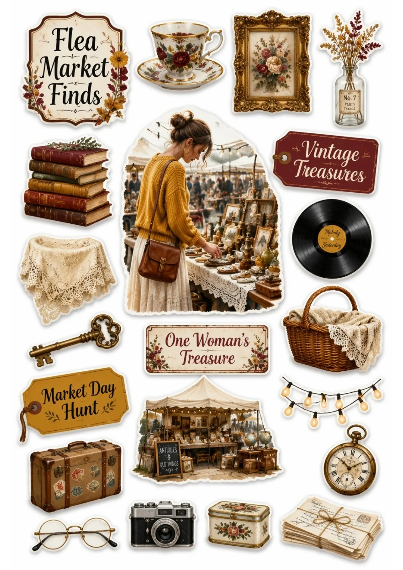 Vintage flea market stickers featuring a woman browsing antique treasures and old cameras.