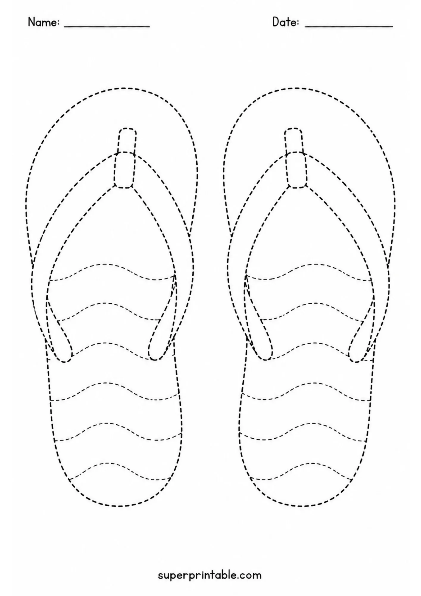 Pair of summer flip-flops line tracing page with wavy patterns for early learners.