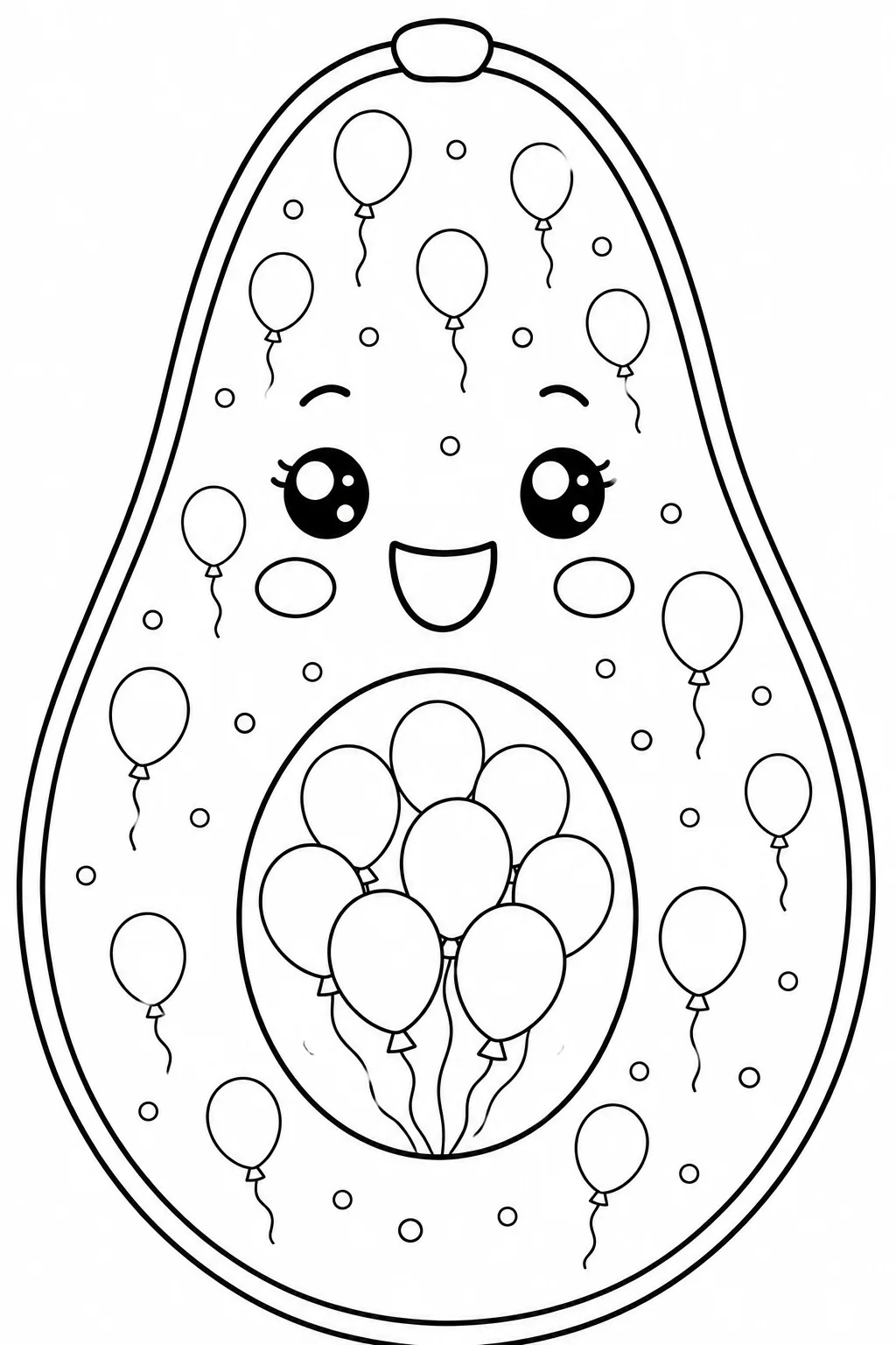 Smiling avocado filled with a fun pattern of floating balloons.