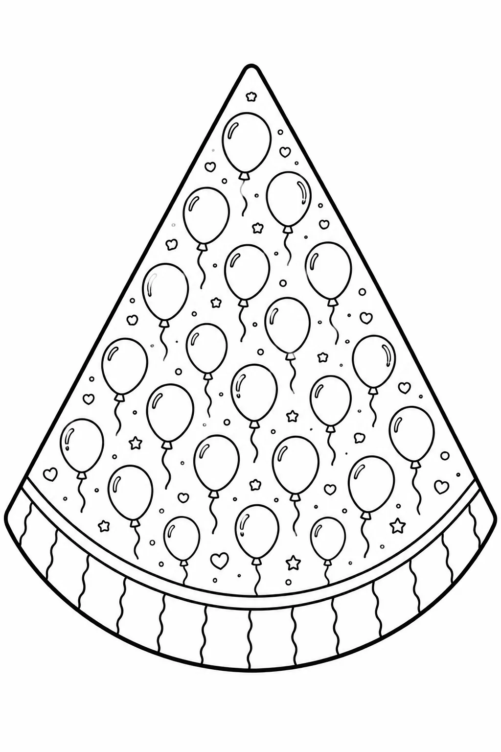 Dense pattern of floating party balloons inside a watermelon slice coloring sheet.