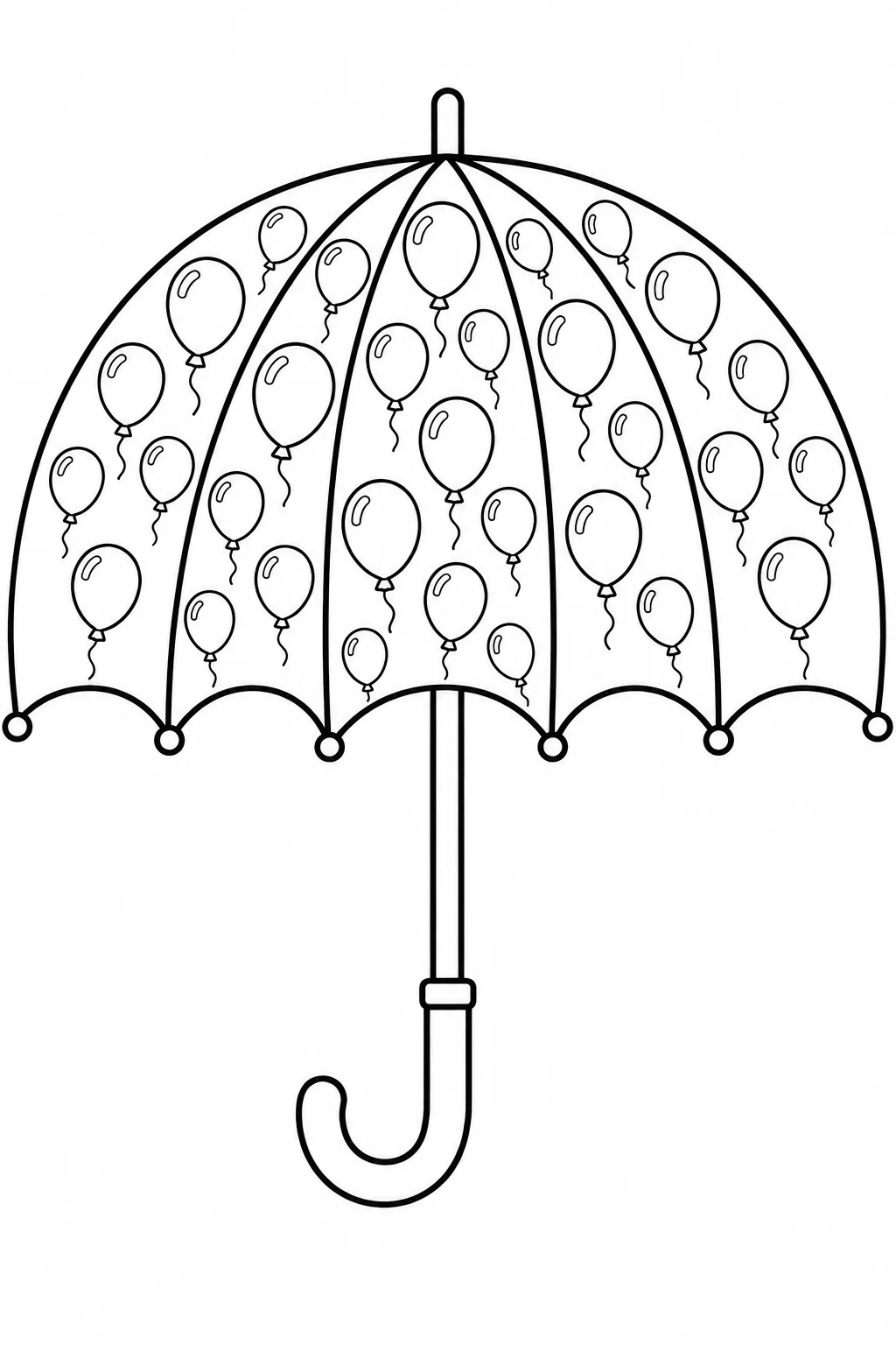 Parasol patterned with numerous floating balloons and curly strings.